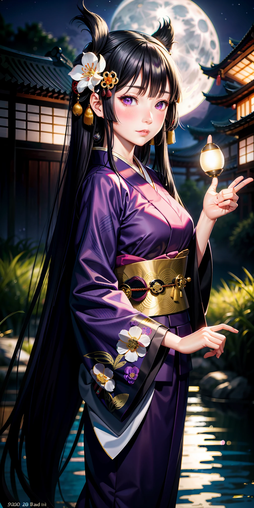 realistic, Kaguya-hime, girl alone, black hair, purple eyes, shining eyes, kimono, parted lips, blush, night, flower, moonlight, full moon, bamboo forest, mansion, dynamic pose
