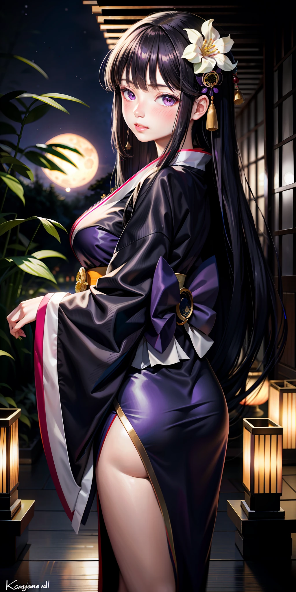 realistic, Kaguya-hime, girl alone, black hair, purple eyes, shining eyes, kimono, parted lips, blush, night, flower, moonlight, full moon, bamboo forest, mansion, dynamic pose