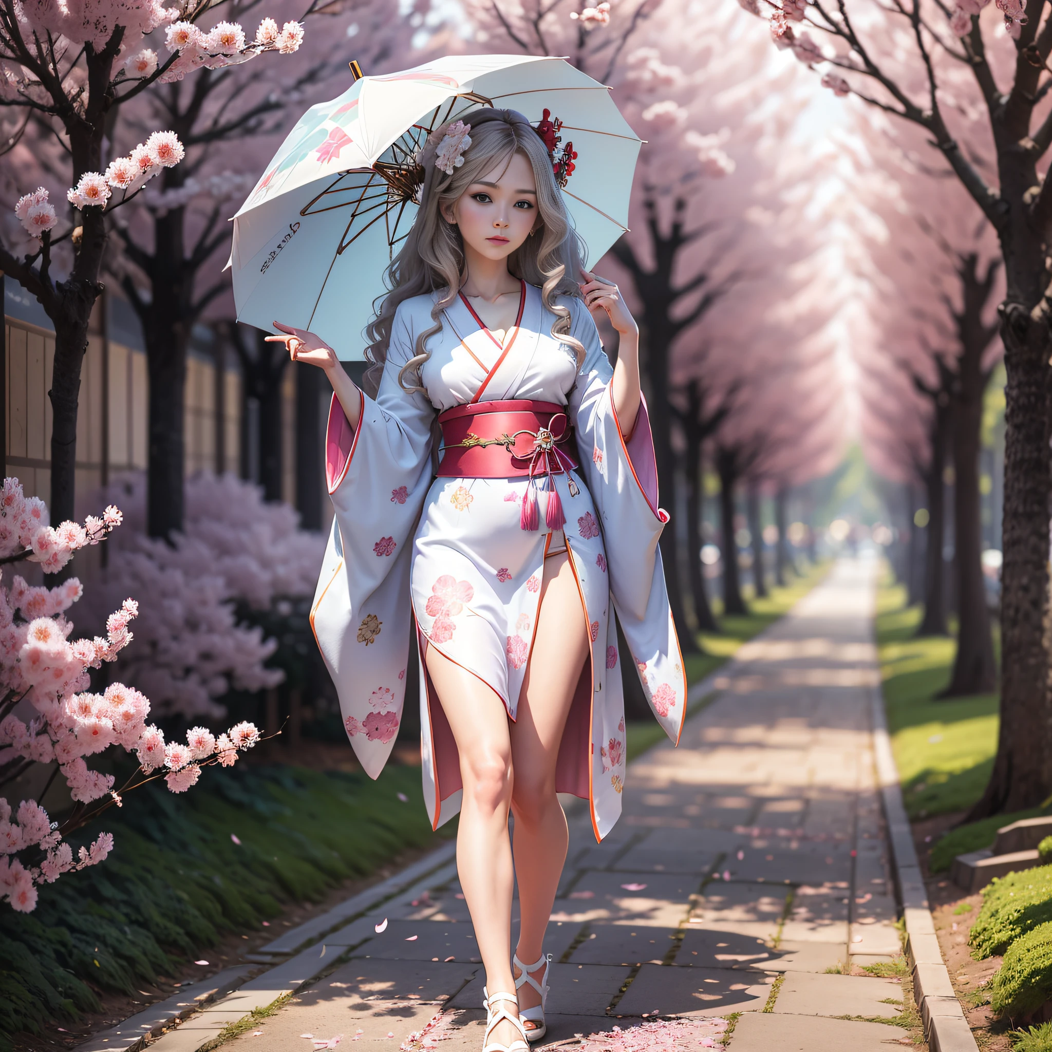 full body,full shot,sfw,beautiful russian girl in the image of a geisha with big bright blue eyes and long fluffy eyelashes Nordic type with a perfect graceful figure and very long and fluffy wavy hair of wheat colour stands in full growth on the avenue on the background of flowering Japanese pink sakura in Japanese kimono and Japanese gete shoes, the girl kimono transparent, through it transpires small breasts with bulging, White parasol for girl in hand,ground on which girl standing heavily lined with sakura petals,very artistic, high detail, clear focus, Migjorni V5 style, hyperphotorealistic, perfect proportions, golden ratio, Leonardo Davinci style, Jerry Gionis style, backlight, outline, sunlight, soft foreglow, soft focus, Photo Monocle style. - --auto --s2