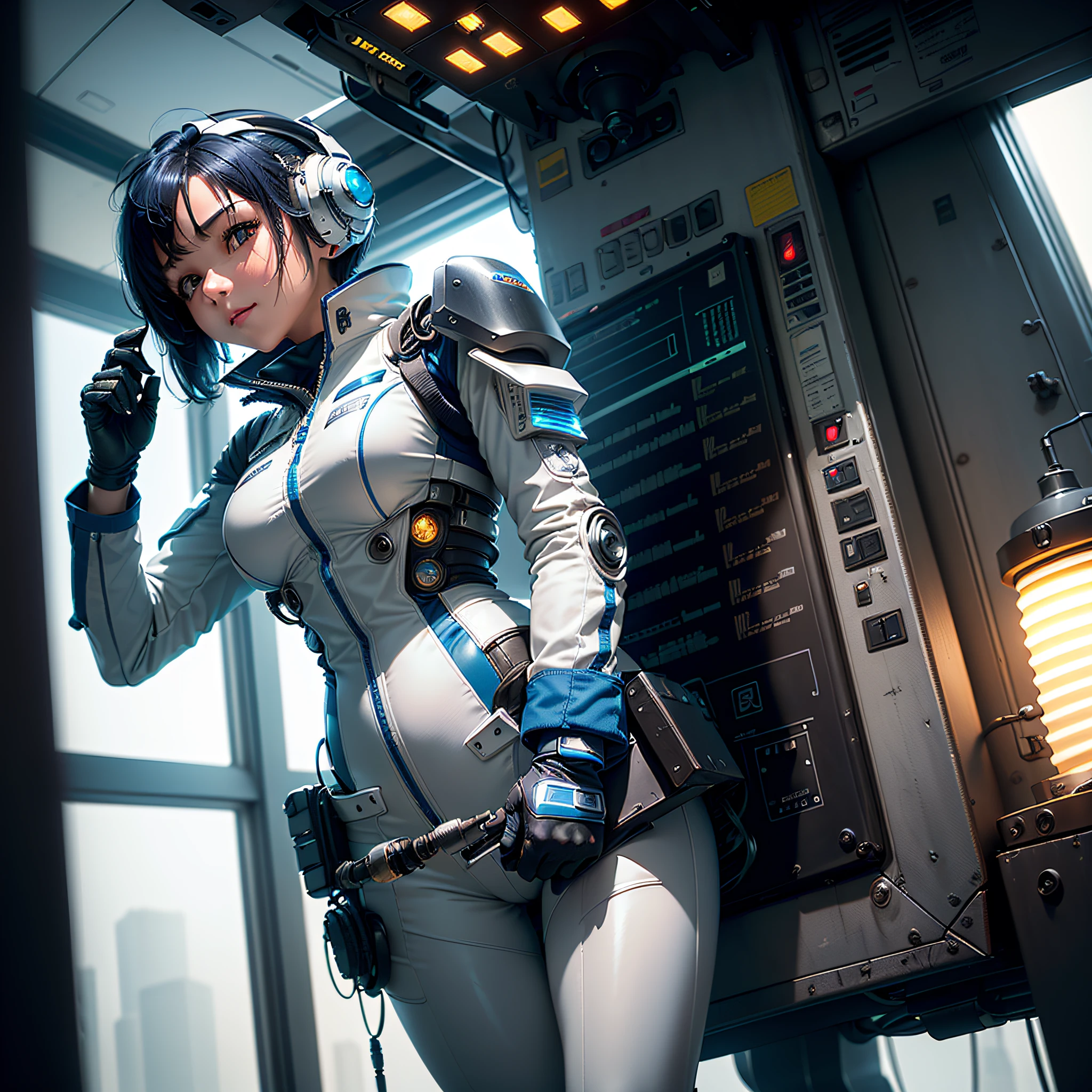 (masterpiece, highest quality, highest resolution, distinct_image, very elaborate CG, cinematic lighting, ray tracing, drop shadows, detailed detail, (photorealistic: 1.4), high quality textures, fine-grained, realistic face expression): (lone girl, face is Japan, short blue hair, small size breasts, sparkling eyes, Eye level shots, white and blue color flight suits, tight fit clothes, full-body covering clothes, light smile, beauty, slim body, exoskeleton, heroine, headset, long boots, gloves, riding and piloting a robot leaning forward, control panel, tools, safety devices, radar displays, touch panels, various indicators, cockpit, levers, computer keyboard, Warning light, fuel gauge, pressure gauge, control tower outside the window, robot cockpit, large lever, foot access pedal, brake pedal, thick manual)