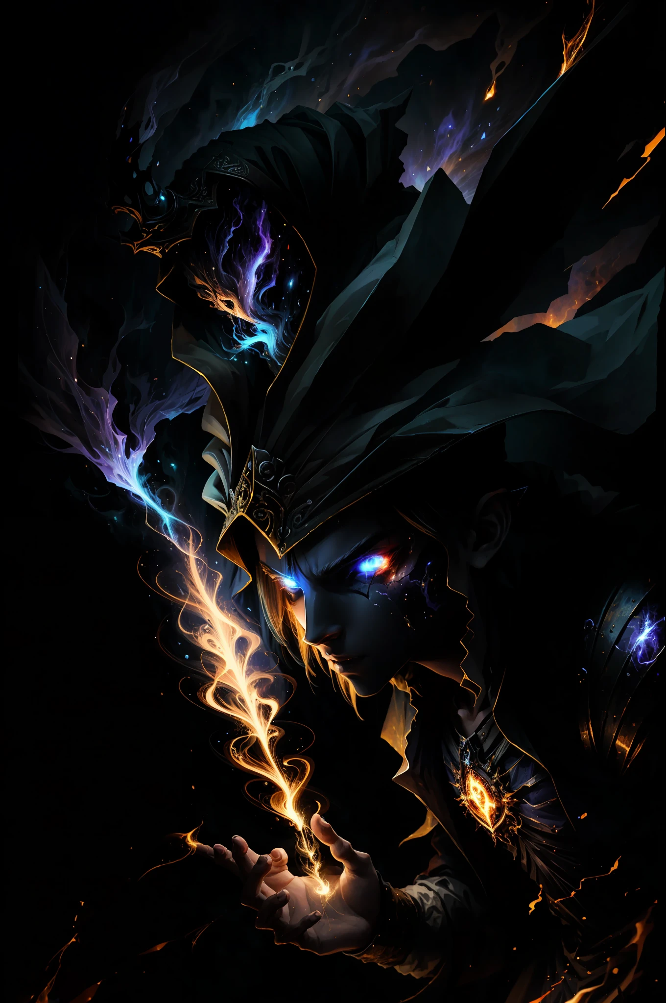 A demon witch casting fire spells, beautiful, very detailed, surreal, cinematic lighting, dark, space background, soft cinematic lighting, (backlight: 1.2), (flare: 1.2), (flash: 1.1), (chromatic aberration: 1.2), clear focus, high contrast, V0id3nergy magic aura, V0id3 energy battle mage, V0id3 nergy cute hollow