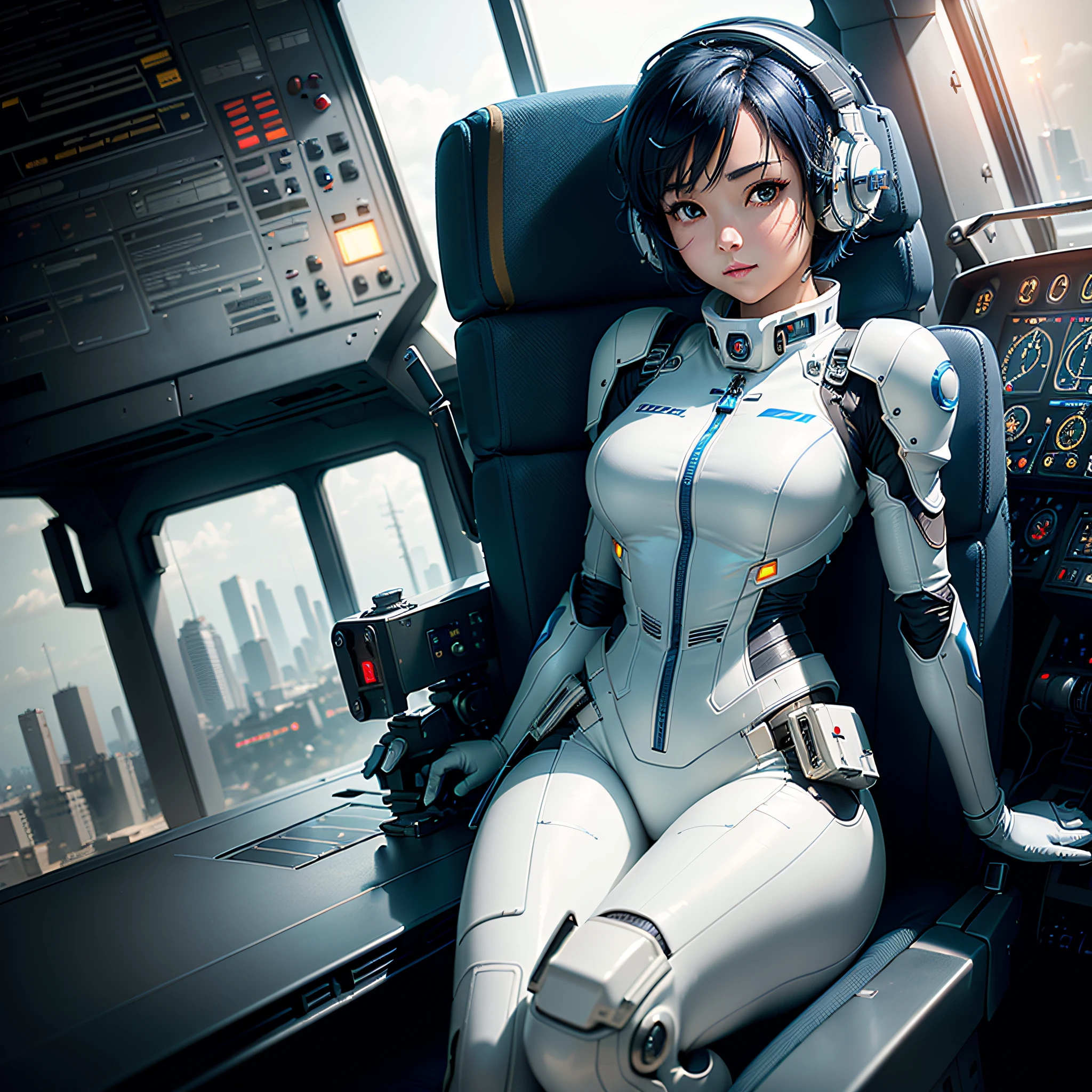 (masterpiece, highest quality, highest resolution, distinct_image, very elaborate CG, cinematic lighting, ray tracing, drop shadows, detailed detail, (photorealistic: 1.4), high quality textures, fine-grained, realistic face expression): (lone girl, face is Japan, short blue hair, small size breasts, sparkling eyes, Eye level shots, white and blue color flight suits, tight fit clothes, full-body covering clothes, light smile, beauty, slim body, exoskeleton, heroine, headset, long boots, gloves, riding and piloting a robot leaning forward, control panel, tools, safety devices, radar displays, touch panels, various indicators, cockpit, levers, computer keyboard, Warning light, fuel gauge, pressure gauge, control tower outside the window, robot cockpit, large lever, foot access pedal, brake pedal, thick manual)