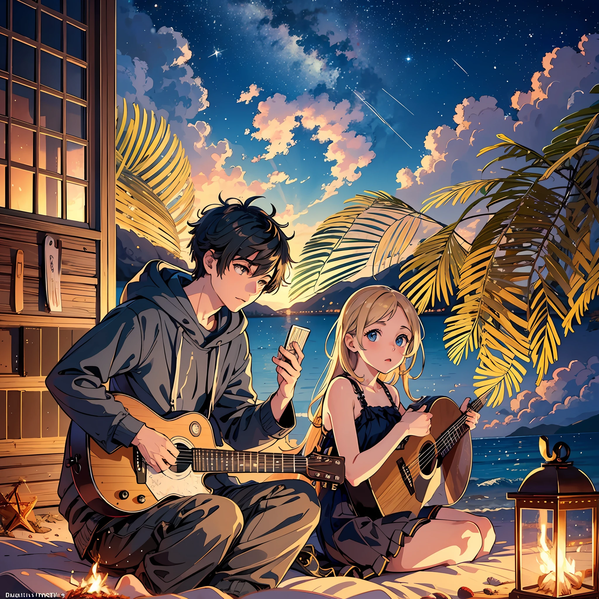 Ultra realistic, highly detailed,masterpiece, award winning picture,1 boy ,1 girl, handsome & cuter,beach , night time,stars, bonfire, sitting together,play guitar, realistic image, big eyes,wide shot --auto --s2