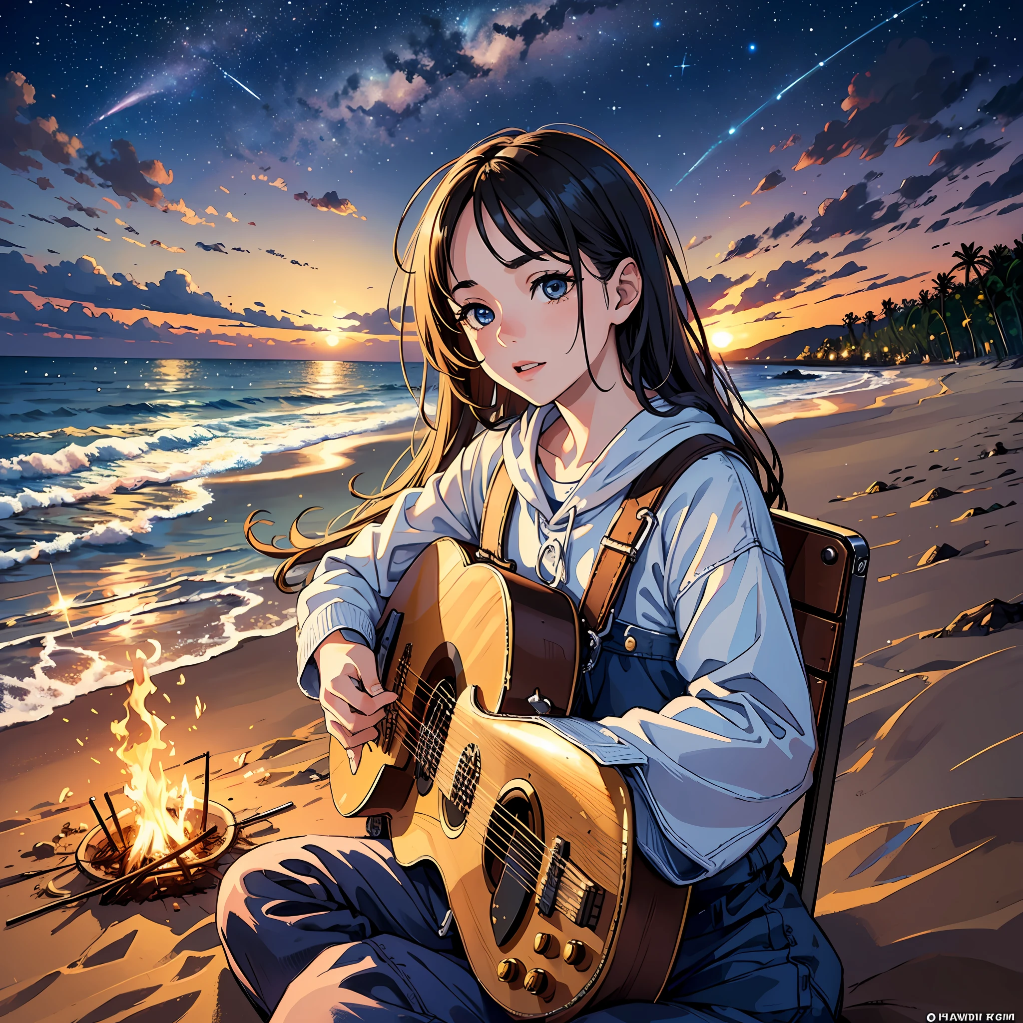 Ultra realistic, highly detailed,masterpiece, award winning picture,1 boy ,1 girl, handsome & cuter,beach , night time,stars, bonfire, sitting together,play guitar, realistic image, big eyes,wide shot --auto --s2