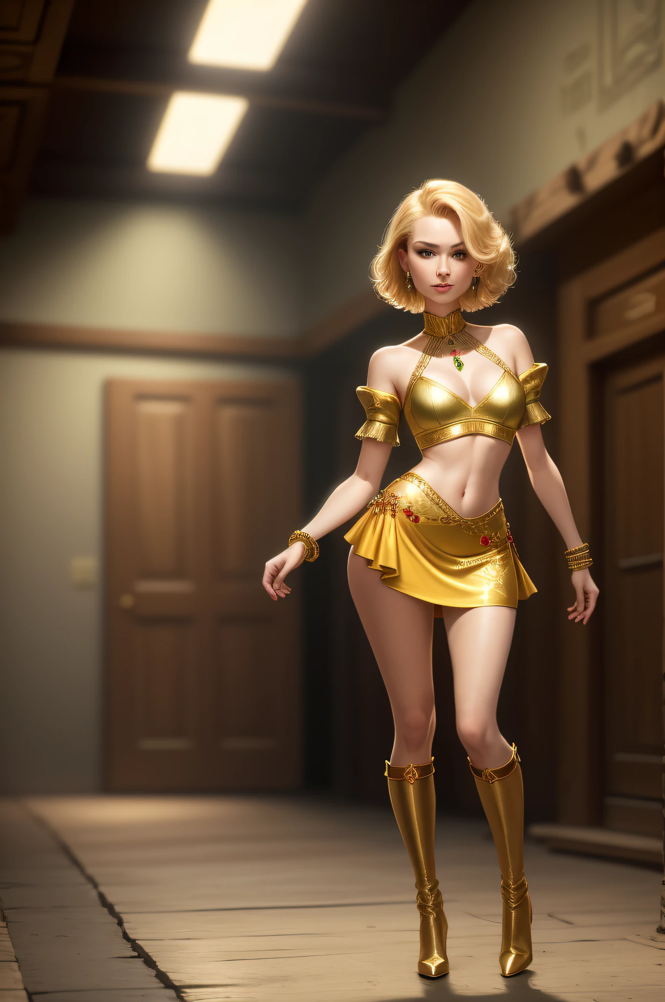 (masterpiece, best quality), beautiful Russian queen, sultry face, 1lady, solo, decorative skimpy red mini dress, short blonde hair, sultry green eyes, elaborate village, gold bracelets, small breasts, narrow hips, standing, boots, sexy smile