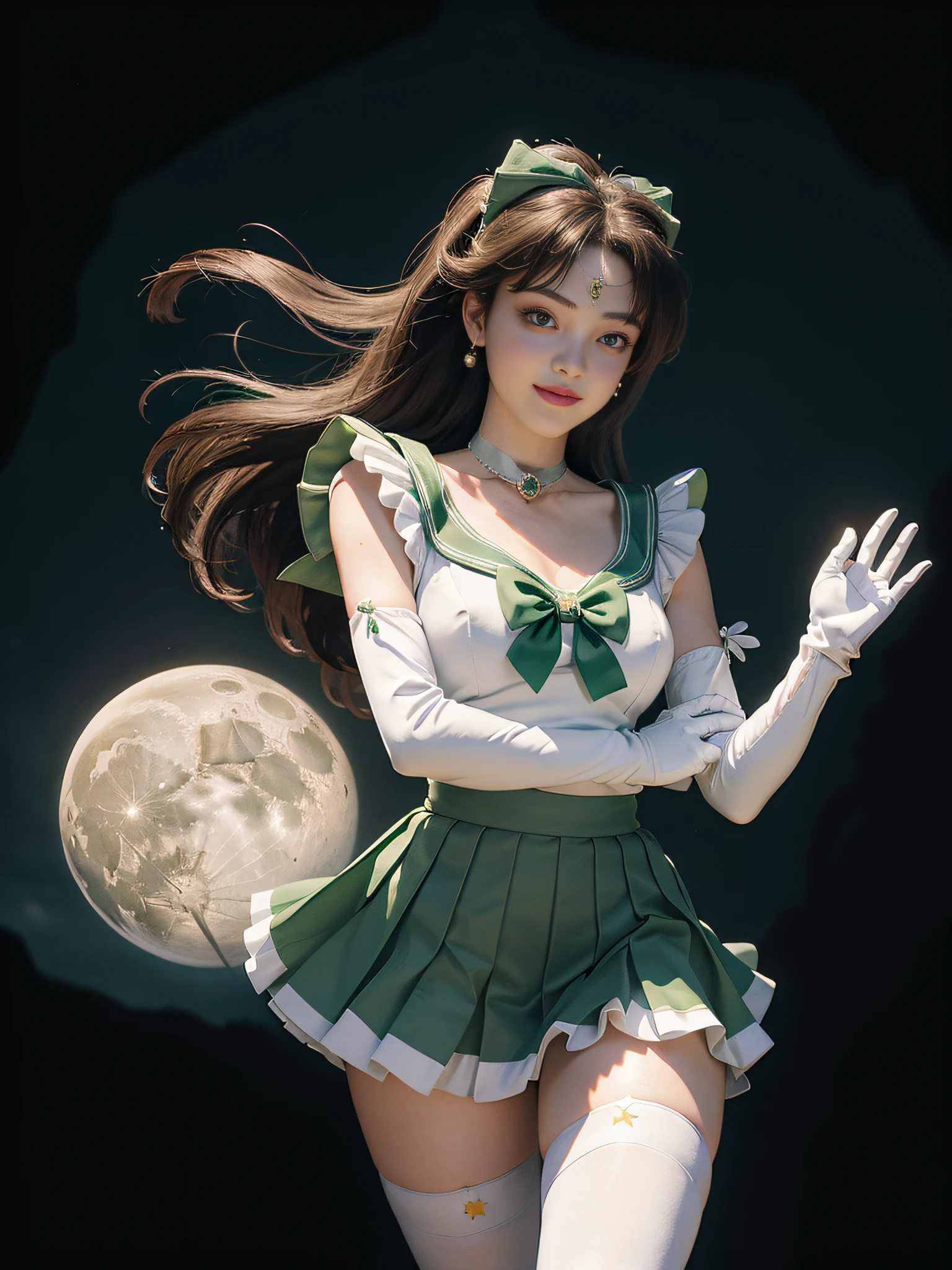 masterpiece,best quality,absurdres,perfect anatomy,sama1,tiara,Sailor Moon Jupiter,white gloves,green sailor collar,green skirt,star choker,elbow gloves,pleated skirt,bare legs,purple bow,space,moon,cowboy shot,smile,flame bow,