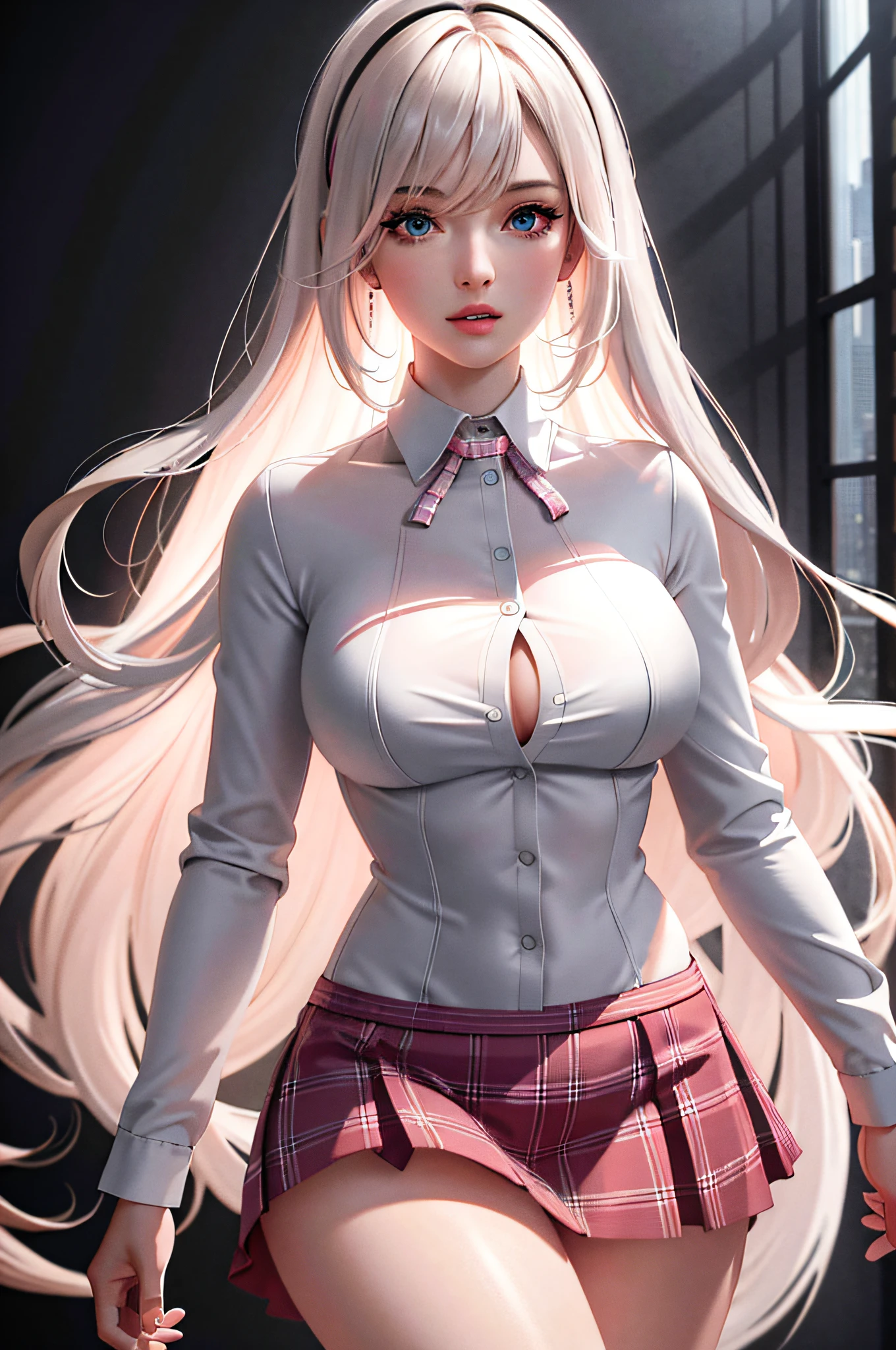 (hyper-realistic), (illustration), (high resolution), (8K), (extremely detailed), (best illustration), (beautiful detailed eyes), (best quality), (ultra-detailed), (masterpiece), (wallpaper), (detailed face), solo 1 girl, white wavy hair with pink stirs, Korean, grayish eyes, baggy white shirt, plaid skirt, large breasts, long legs, tight abs, dynamic pose