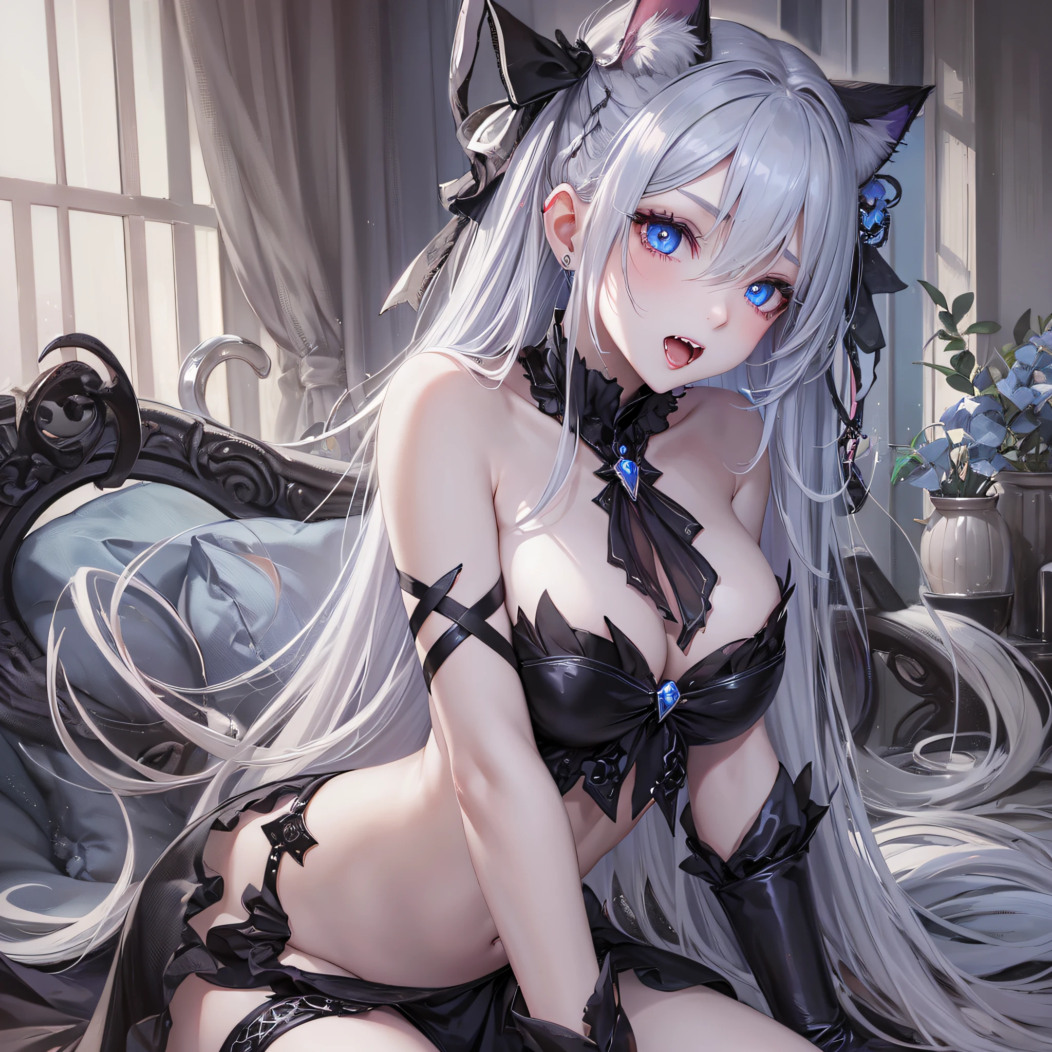 1 girl, succubus, big, long gray hair, pale skin, heart-shaped light blue eyes, fangs, cat ears, naked --auto --s2