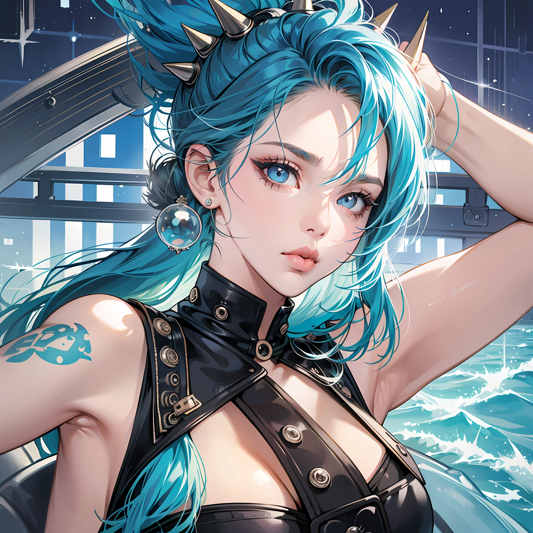 1 girl, pufferfish, punk, mature girl, ((dark eyes)), spiky blue hair, beautiful eyes, spikes, ((full lips)), fish tail, pouty lips, puffy cheeks, (high detailed), beautiful, amazing, high detailed eyes, high detailed face, perfect hands, masterpiece, best quality, looking at viewer, detailed eyes, quilfish, ocean --auto --s2