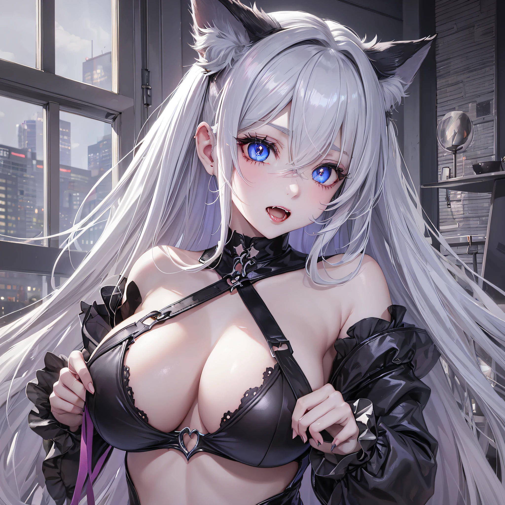 One girl, succubus, big, long gray hair, pale skin, heart-shaped light blue eyes, fangs, cat ears, hands restrained above --auto --s2
