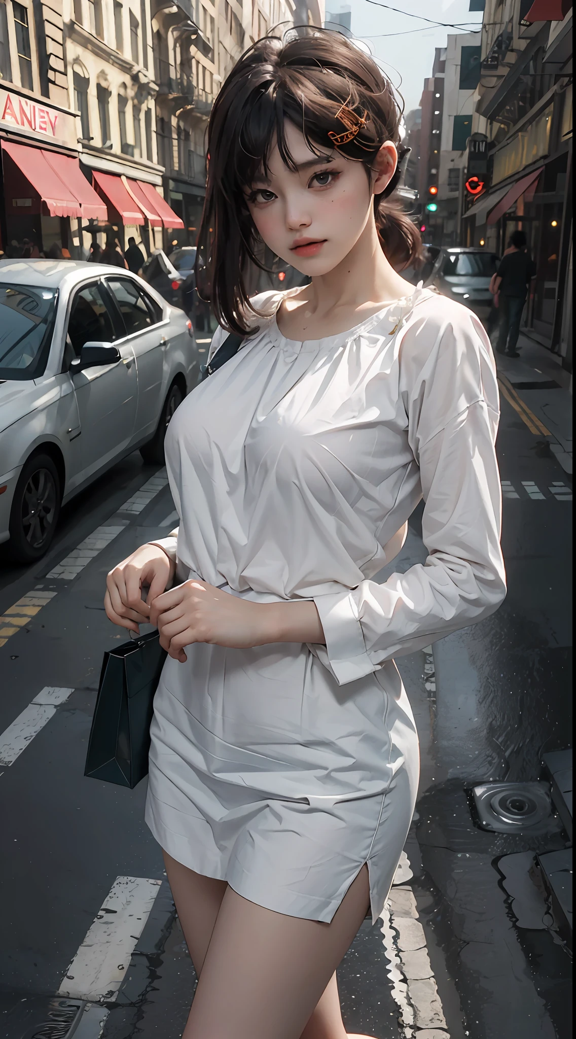 best quality, masterpiece, ultra resolution, (fidelity:1.4), photos, 1 pretty girl, white skin, extra large breasts, white shirt, movie, rainy night,