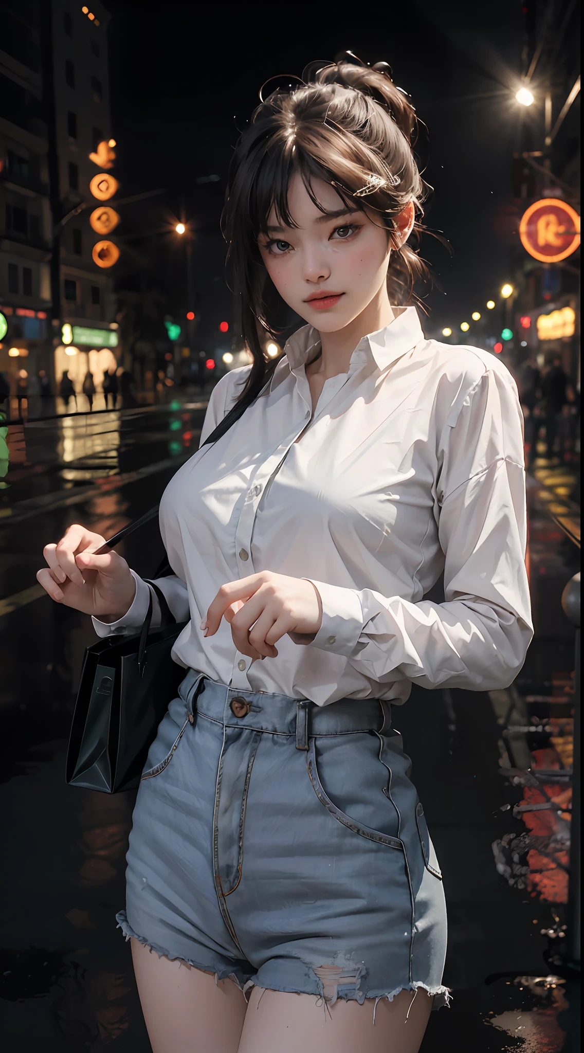 best quality, masterpiece, ultra resolution, (fidelity:1.4), photos, 1 pretty girl, white skin, extra large breasts, white shirt, movie, rainy night,