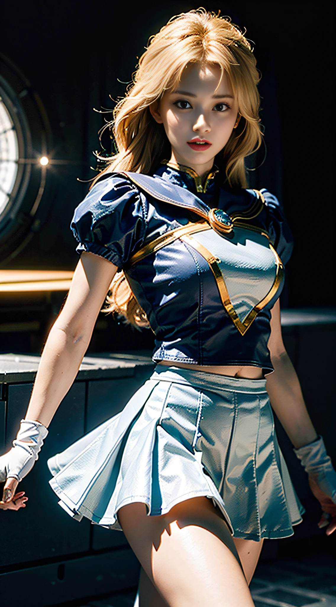 (CG Unity 8K wallpaper with extreme detail, masterpiece, highest quality), (exquisite lighting and shadow, highly dramatic picture, cinematic lens effect), (Sailor Moon: 1.1), double tails, blue eyes, blonde hair, tight top, white gloves, mini skirt, dynamic pose), space station in the background (excellent detail, excellent lighting, wide angle), (excellent rendering, enough to stand out in its class),