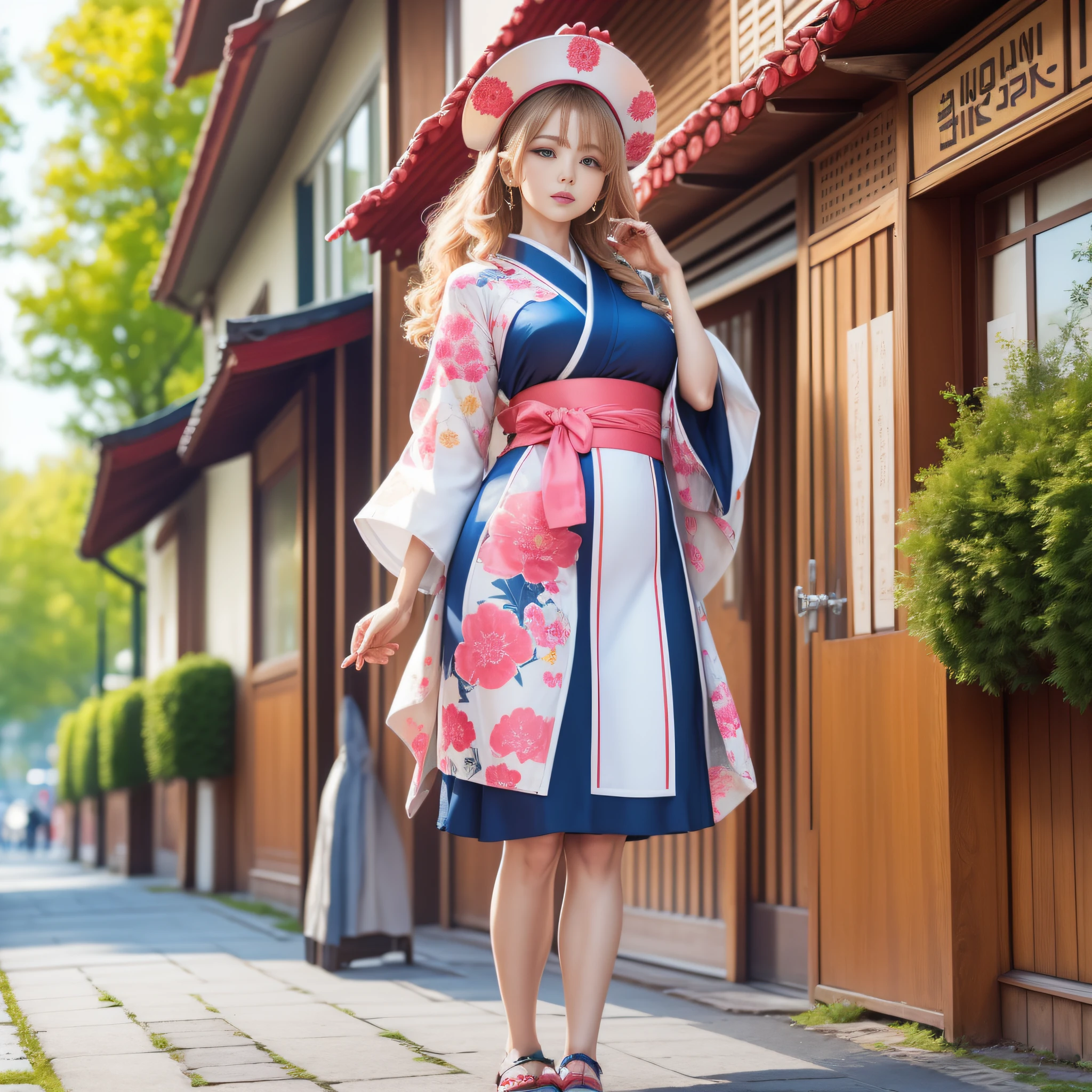 Excellent quality, large-scale image in a five-section format, sharp, detailed graphics, great illustration, bright color, gorgeous background, Japanese Gane shoes on the feet, a detailed image of the full figure, including feet, a girl in the background, no trimmings.