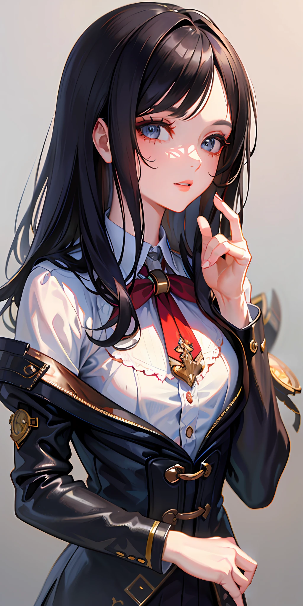 (masterpiece, sidelighting, finely detailed beautiful eyes: 1.2), (masterpiece*portrait), portrait, (bust), realistic, 3d face, lusious skin, ((solo)), (perfect face), (face close-up), scarlet eyes, hanging eye corners, (head and neck length 2 to 1), ((High detail skin, visible pores)), (perfect body), a beautiful steampunk girl with small breasts, School uniform