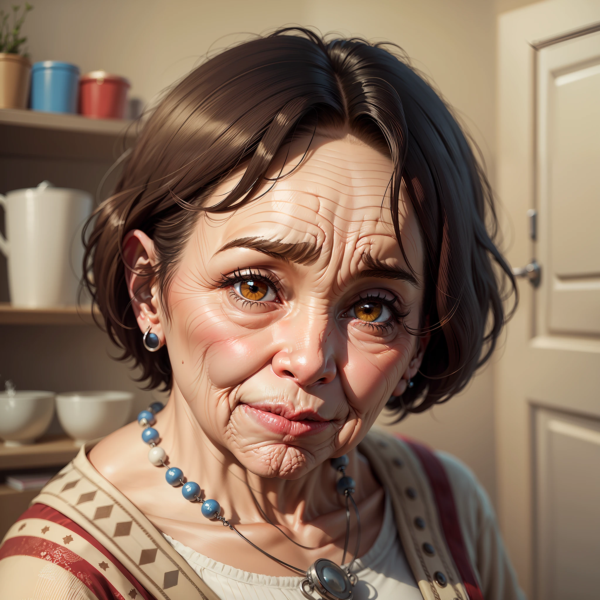 Create an image of an elderly woman with short hair, chubby, short stature, light skin color, lots of wrinkles, a swollen face, and who looks like Lord Farquaad from the movie Shrek --auto --s2