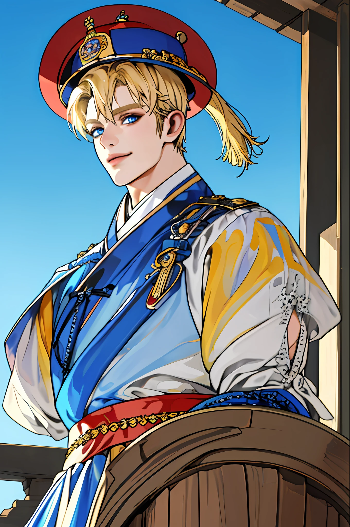 (8k, highest quality, masterpiece:1.2), ultra detail, ultra high resolution, portrait, high detail, professional photo, super colorful photo, extremely handsome and masculine, extremely detailed, 8k wallpaper, amazing and detailed detail, huge file size, official art, highly detailed CG unity 8k wallpaper, 1 male, very detailed handsome boy, very detailed face, very detailed eyes, blue eyes, very detailed skin, very detailed nose, very detailed mouth, perfect anatomy, arm back, smile, oriental style, blonde hair, short hair,(((hanbok))), detailed clothes, short neck, very short arms, camera upwards, a slightly turned position, upper body portrait photo, {handsome 19 year old boy}, hands down, Upper body close-up, 5fingers per hand, no overlapped hands, no extra hands, no more than 1hand, colorful background, 1male, (((hat))), (((hanbok))), (((korean clothes))), upper body, outdoors, blue eyes, uzumaki naruto, smirk, short hair, blonde hair