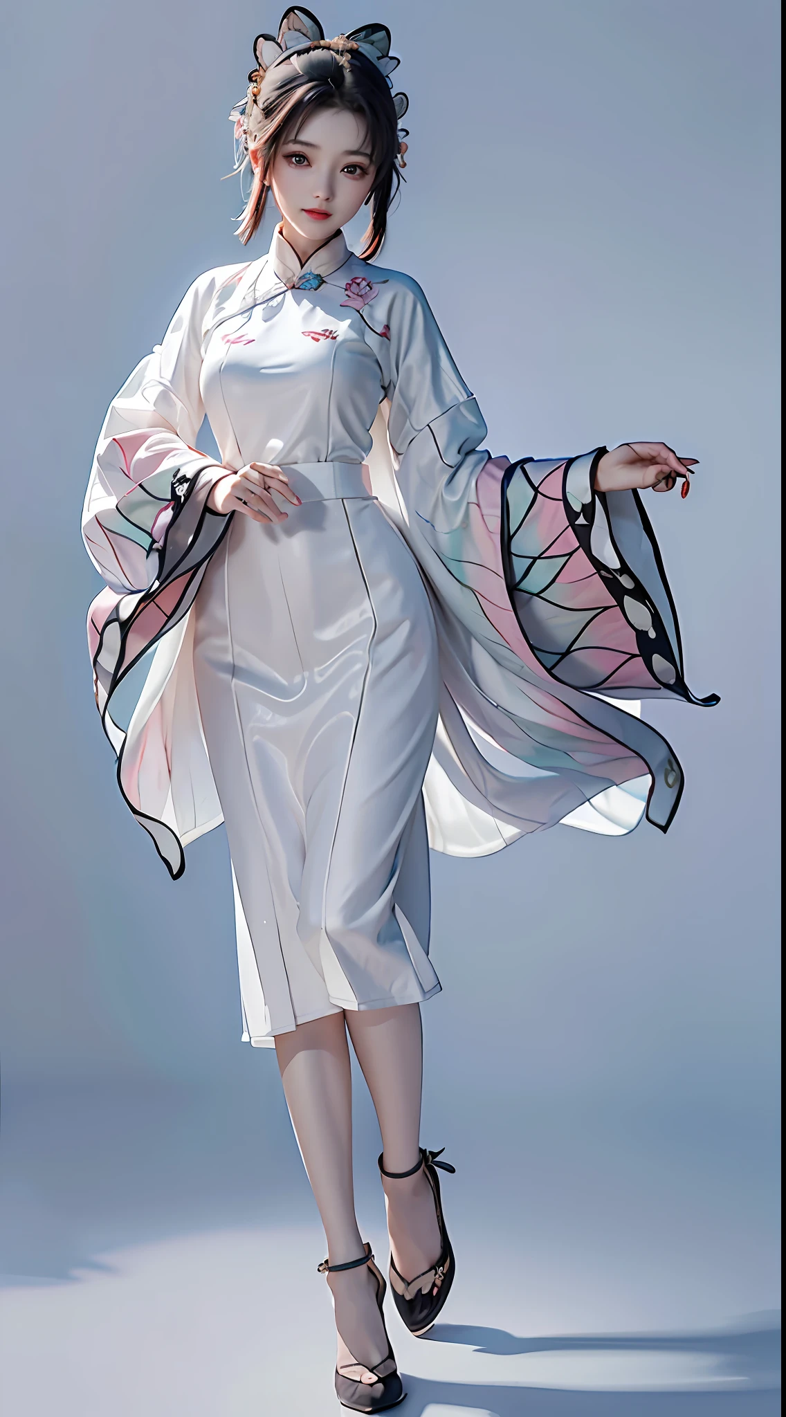 ((Masterpiece)) (Best Quality)), featuring an elegant ancient Chinese woman in a white and gray studio background. The artwork is rendered in high resolution and ultra-detailed elements, bringing out the beauty and elegance of women's movements and costumes. The lady is portrayed as a full-body portrait with a calm and focused expression. She wears traditional Chinese costumes, with flowing sleeves and long skirts that sway with her movements. Decorated with intricate embroidery and exquisite details, the dress reflects the refined taste and sophistication of ancient Chinese fashion. The white and gray background provides a simple and elegant contrast, highlighting the smooth and elegant movements of women.