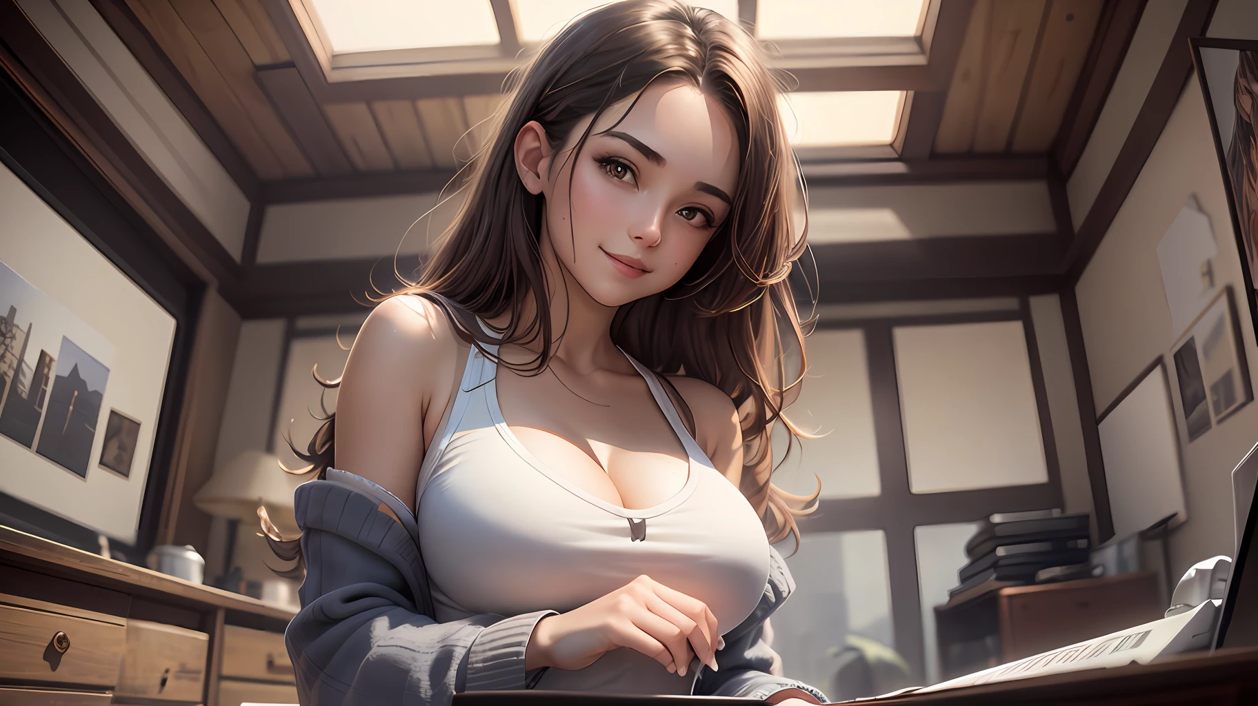 A pretty girl laying at the sofa, 8k,full detailed face,full detailed body,wearing bra,wearing skins color tight skirts,smiling,big smile,big chest,large chest,{masterpiece}, beautiful detailed room, highres, drawing tablet, detailed background, otaku room, attic, computer tower, light particles, light bulb, {{{{{wooden furniture}}}}}, {{{{messy room}}}}, {{{vintage}}}, production art, white theme, {{{{potted plants}}}}, {{{{{digital art studio}}}}}, wide angle, white curtain, high key, tile roof, glowing light, {cinematic lighting}, {{{wind blowing}}}, botanical garden, hanging plant, sun roof, {{{{{{{{{{{small narrow room}}}}}}}}}}}, {{{{{{{furniture}}}}}}}, crowded,High Detail, Sharp focus, dramatic, photorealistic painting art by midjourney and greg rutkowski, canon 50d,1girl, brown hair, brown eye, school girl, mini skirt, big chest, hyper large chest,hyper boobs,wide hips, thick thigh,