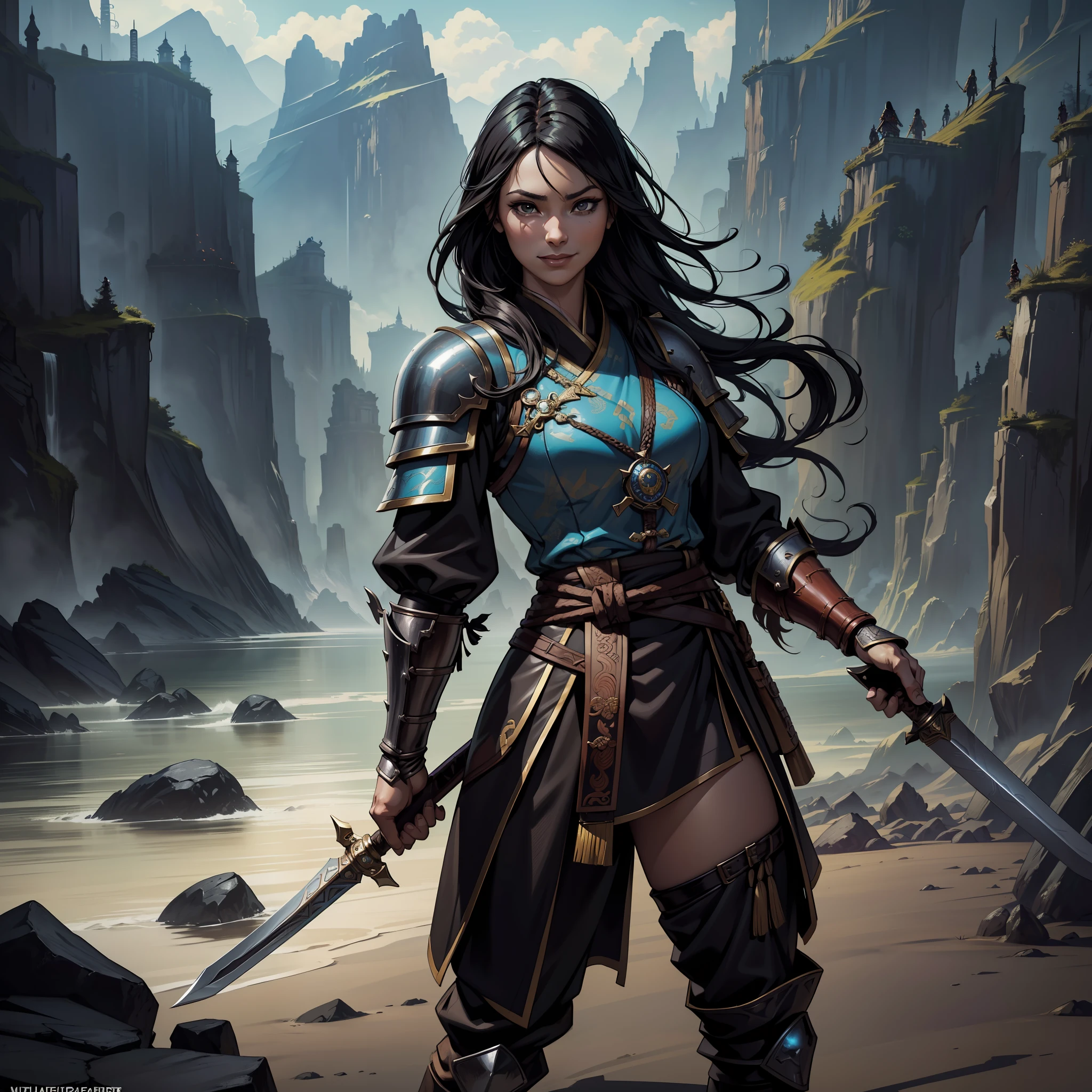 (extremely detailed 8k wallpaper:1.2), (best quality:1.2), (adventure and fantasy theme), profile (Paizo Pathfinder RPG character and Dungeons & Dragons), (((human race woman)))), young, beautiful, sharp focus, (subsurface scattering:1.1), award-winning photography, ((Ladine Class:1.3)), ((half-body shot:1.1)), centered face, long black hair, black eyes:1.2, Chinese, smiling, wearing black Chinese beaten leather armor, Duel sword in hand, (standing on oriental background landscape:1.3), (very detailed background:1.2),dramatic lighting, SFW