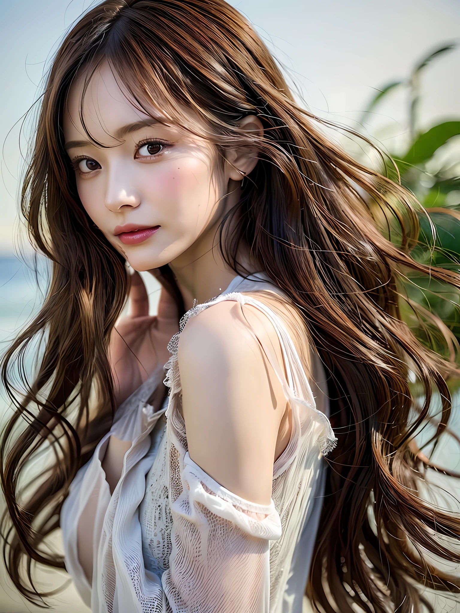 depth of field, lifelike, realistic, super detailed, beautiful, slender, cute, 30s, beautiful features, actress, mature, upper body, bright brown hair, thin hair, small face, live-action, highest quality, very elaborate CG Unity 8K wallpaper, ultra high resolution, natural fashion, lighting, medium hair, (puffy eyes), model figure, light on hair, turn around pose, Ash brown hair, model pose, studio shoot, white background, delicate skin tone, light wavy hair close to straight hair, hands around the mouth, adult clothes, hair model shoot, hair fluttering in the wind, transparent hair, fine hair fineness, soft hair, fine skin, bright photo, less hair, angle of pull, professional lighting, realistic light, realistic shadow, natural light, soft light, The length of the hair should be short, the hair should be honey-blonde color, the eye color should be emerald green, the skin color should be natural beige tone complexion, natural and light styling and make-up, the hair should be wavy to express light movements, makeup should emphasize bright lips and eye-catching mascara, wear a dress in a simple and sophisticated style, Bright images that look like they were taken under natural sunlight