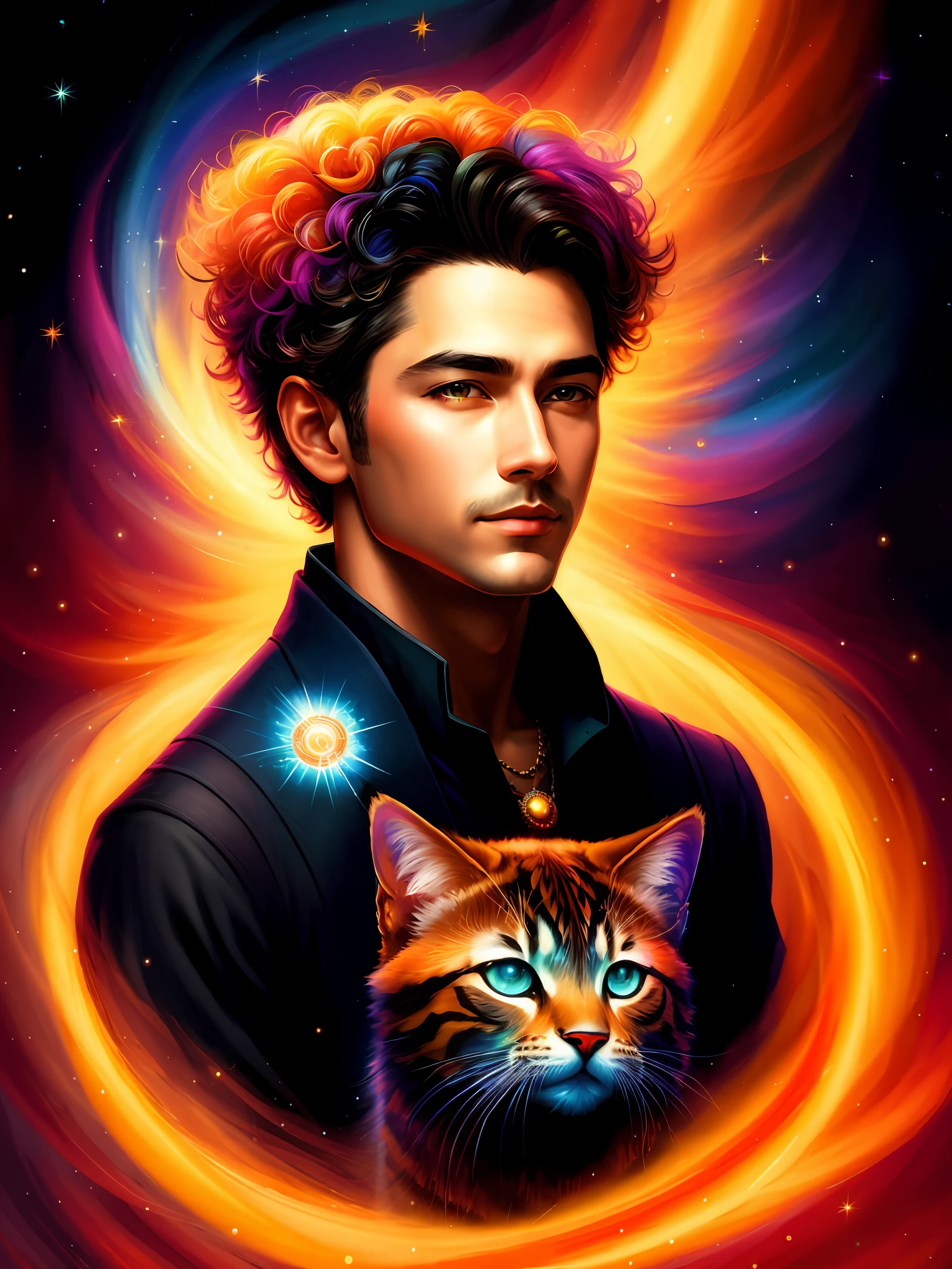 A painting of a handsome uncle with a colorful big head on a cosmic background, breathtaking rendering, inside a radiant connection, inspired by Kinuko Y. Craft,,Magical Elements,Wow, It's Beautiful,Casting Colorful Spells,Bright Flash,Flash