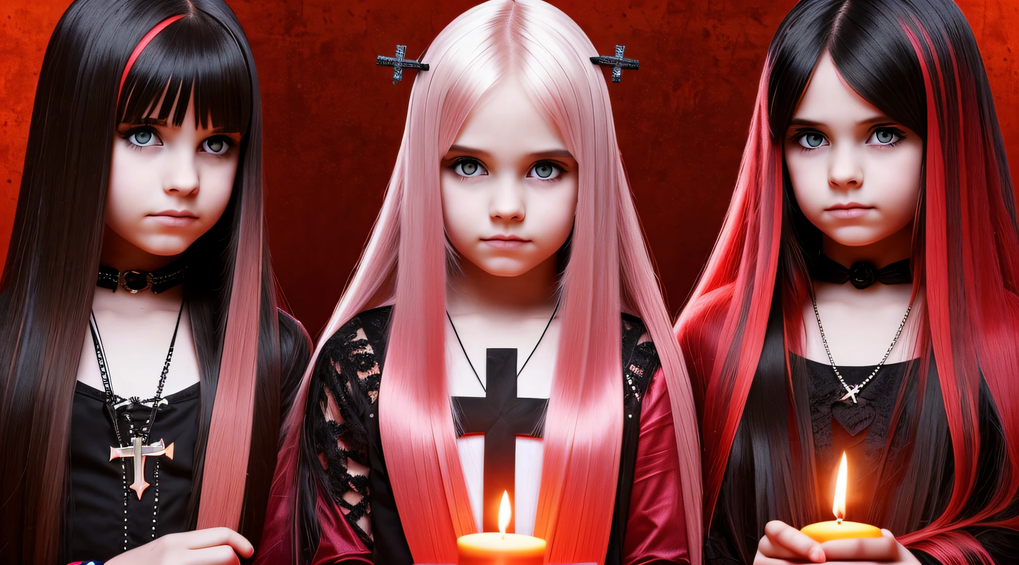 GIRLS CHILDREN, BACKGROUND WITH CROSSES, BLONDES WITH VERY LONG STRAIGHT HAIR GOTHS, WITH FIRE CANDLES. RED BACKGROUND.