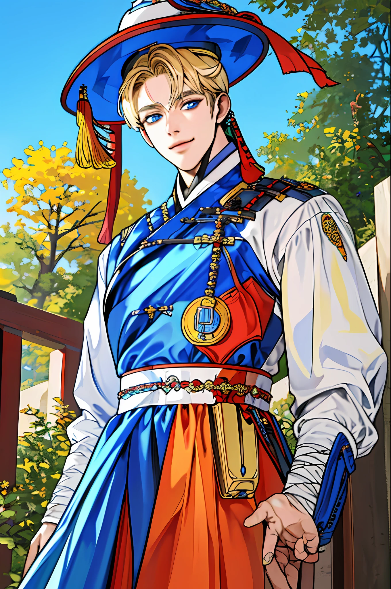 (8k, highest quality, masterpiece:1.2), ultra detail, ultra high resolution, portrait, high detail, professional photo, super colorful photo, extremely handsome and masculine, extremely detailed, 8k wallpaper, amazing and detailed detail, huge file size, official art, highly detailed CG unity 8k wallpaper, 1 male, very detailed handsome boy, very detailed face, very detailed eyes, blue eyes, very detailed skin, very detailed nose, very detailed mouth, perfect anatomy, arm back, smile, oriental style, blonde hair, short hair,(((hanbok))), detailed clothes, short neck, very short arms, camera upwards, a slightly turned position, upper body portrait photo, {handsome 19 year old boy}, hands down, Upper body close-up, 5fingers per hand, no overlapped hands, no extra hands, no more than 1hand, colorful background, 1male, (((hat))), (((hanbok))), (((korean clothes))), upper body, outdoors, blue eyes, uzumaki naruto, smirk, short hair, blonde hair