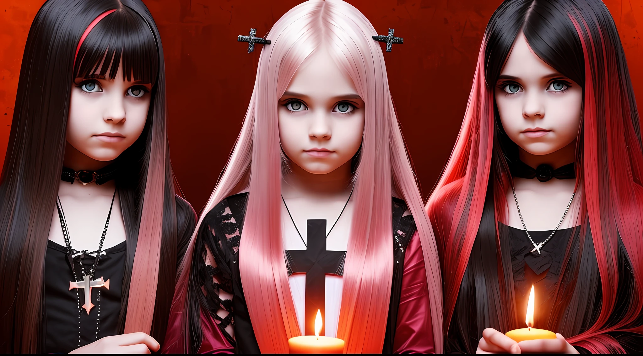 GIRLS CHILDREN, BACKGROUND WITH CROSSES, BLONDES WITH VERY LONG STRAIGHT HAIR GOTHS, WITH FIRE CANDLES. RED BACKGROUND.