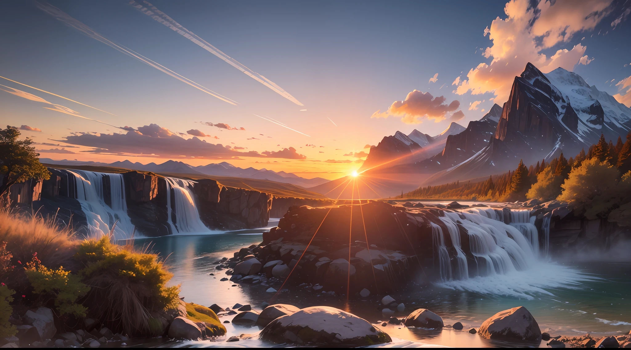 Landscape waterfall in mountains sunset image best quality, high quality, beautiful wallpaper deserted beach 8k extremely detailed, photography --auto --s2
