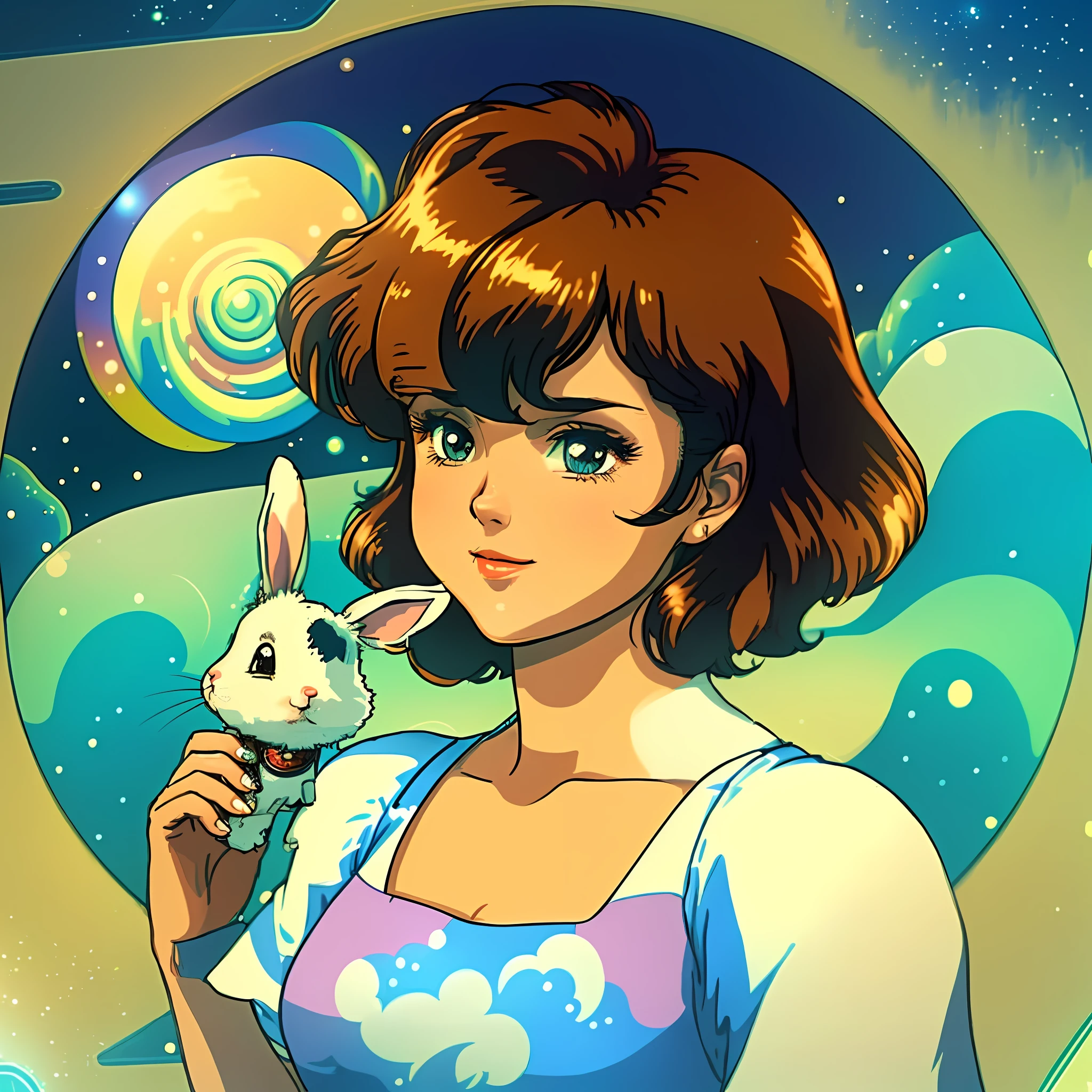 (retro style + steam wave style), (HD + exquisite + soft + warm) retro wallpaper, (lively and cute) short hair beauty, (romantic) starry night scene, a cute rabbit appeared beside her, (childish cute) full of bubbles, she held a (retro + classic) music player in her hand, presenting an indescribable (sweet + pleasant + relaxed + pleasant) atmosphere.