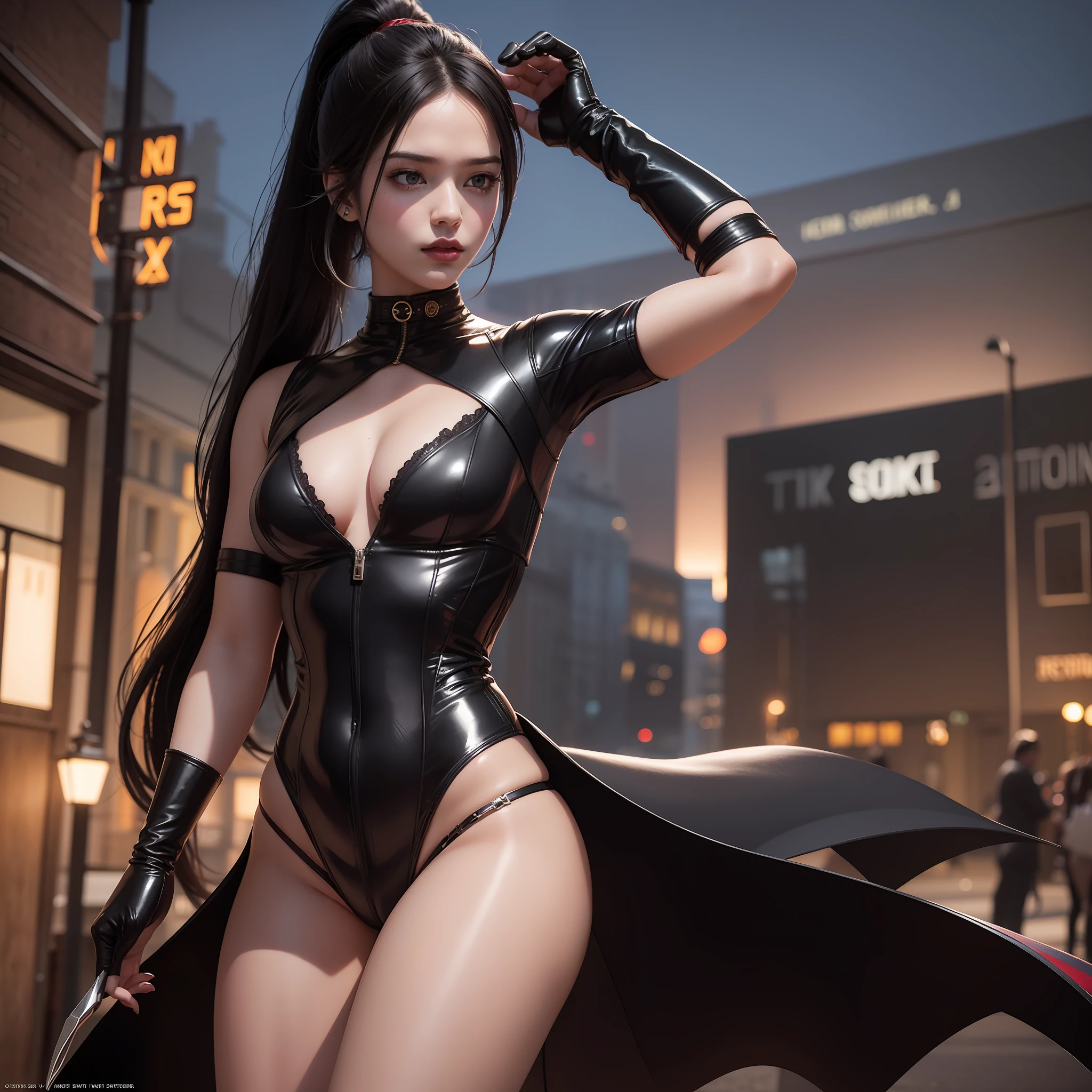 8k, realistic, attractive, very detailed, a 25-year-old girl in an X-Men costume, superhero theme, long black hair, 25 years old, full body, ray traced image of Arthur Pan, trend in Artstation, digital art, psylocke, red and cinematic lights, dramatic shadows and beautiful vibrant colors The color captures the scene. Romantic art style, intricately detailed woman, intricately detailed woman, latex, thick thighs, full body, small chest, choker, black hair, ponytail,bangs, arms UP, armpit, in a crime scene, night, city background
