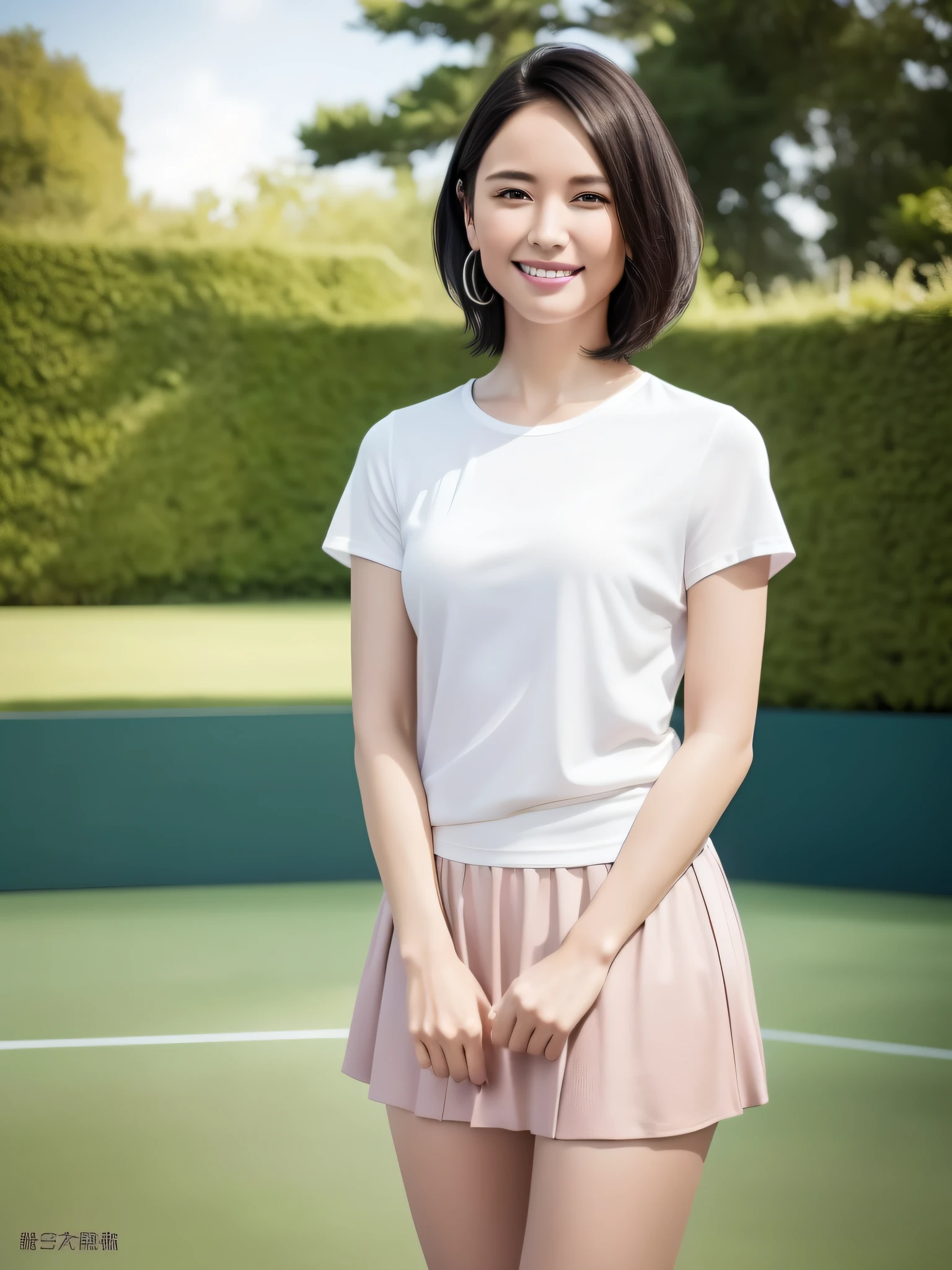 (8k, Best Quality, Masterpiece:1.2), (Realistic, Photorealistic:1.5), Ultra Detailed, 1 Woman,28 Years Old,Lady,Classy,Beautiful Detailed Sky,Date,(Blush),(Smile:1.15),Smiling,Small breasts、Short hair、Black hair、Full body、Pure white T-shirt、Tennis court、Healthy、Tan,Refreshing,Black short skirt