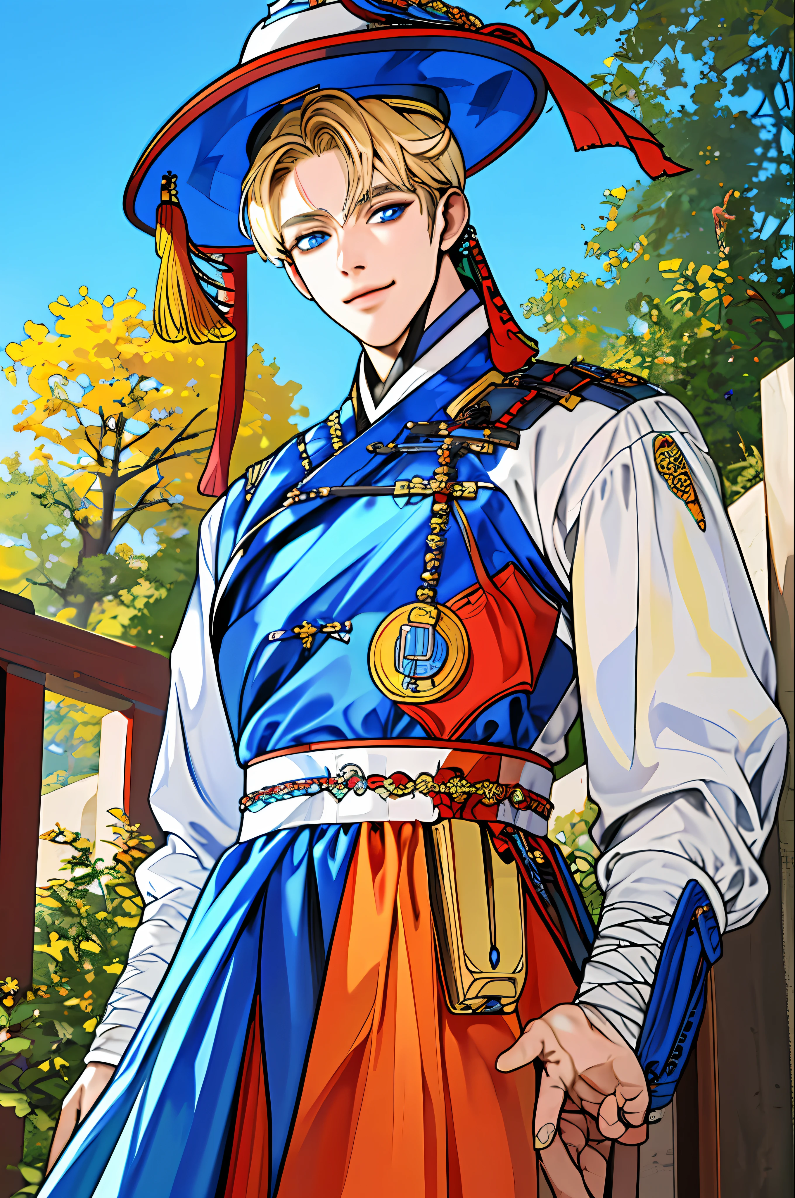 (8k, highest quality, masterpiece:1.2), ultra detail, ultra high resolution, portrait, high detail, professional photo, super colorful photo, extremely handsome and masculine, extremely detailed, 8k wallpaper, amazing and detailed detail, huge file size, official art, highly detailed CG unity 8k wallpaper, 1 male, very detailed handsome boy, very detailed face, very detailed eyes, blue eyes, very detailed skin, very detailed nose, very detailed mouth, perfect anatomy, arm back, smile, oriental style, blonde hair, short hair,(((hanbok))), detailed clothes, short neck, very short arms, camera upwards, a slightly turned position, upper body portrait photo, {handsome 19 year old boy}, hands down, Upper body close-up, 5fingers per hand, no overlapped hands, no extra hands, no more than 1hand, colorful background, 1male, (((hat))), (((hanbok))), (((korean clothes))), upper body, outdoors, blue eyes, uzumaki naruto, smirk, short hair, blonde hair