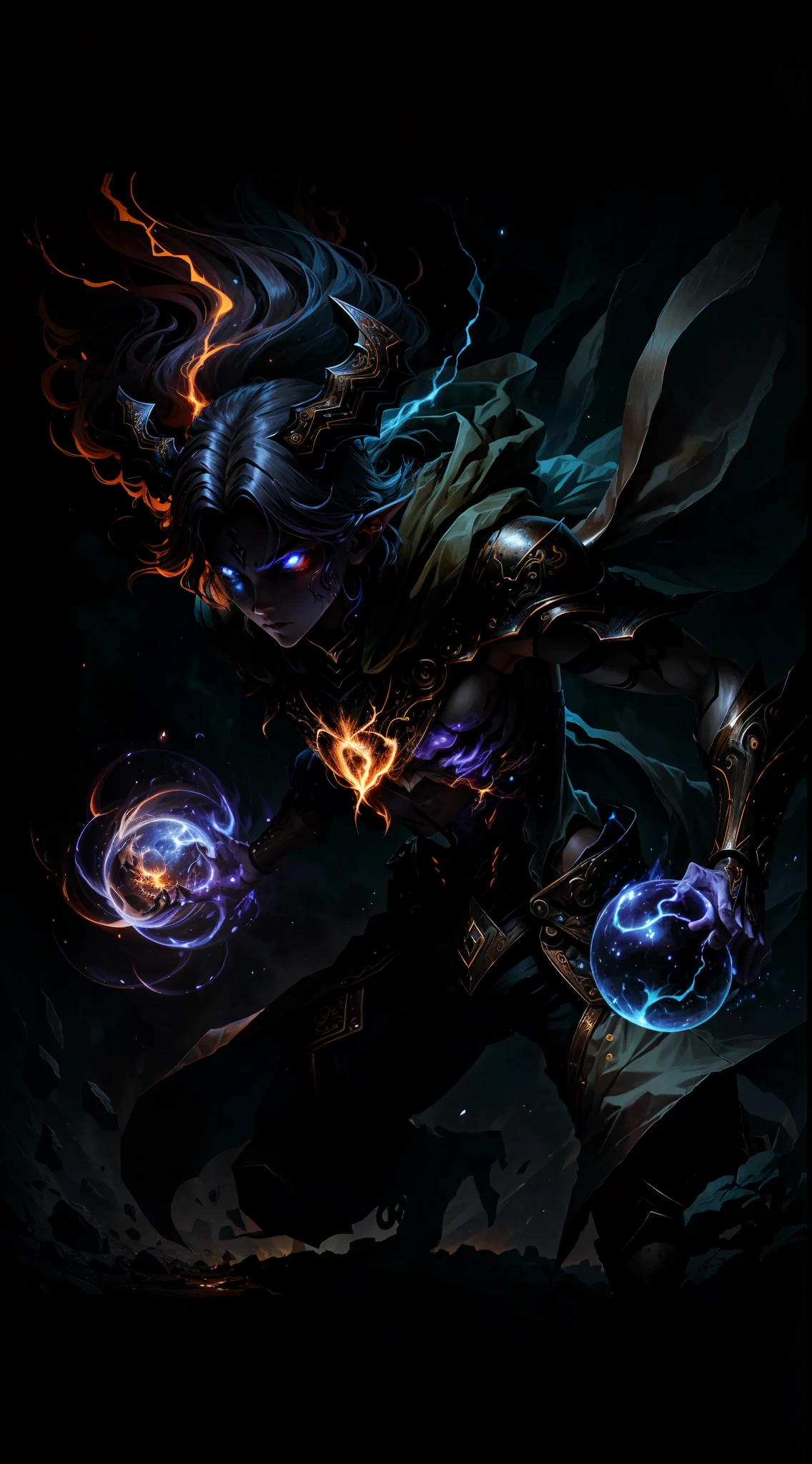 A demon witch casting fire spells, beautiful, very detailed, surreal, cinematic lighting, dark, space background, soft cinematic lighting, (backlight: 1.2), (flare: 1.2), (flash: 1.1), (chromatic aberration: 1.2), clear focus, high contrast, V0id3nergy magic aura, V0id3 energy battle mage, V0id3 nergy cute hollow