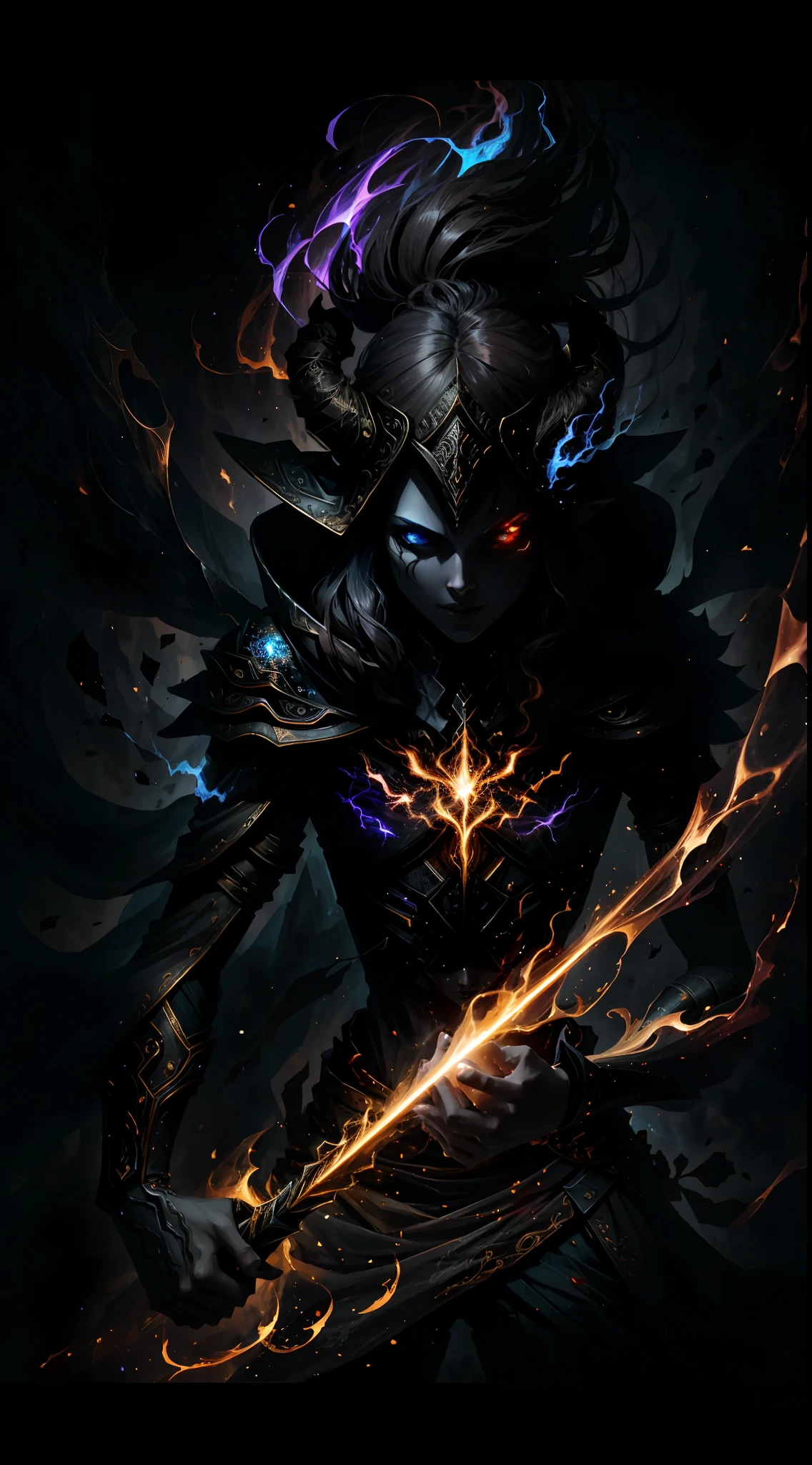 A demon witch casting fire spells, beautiful, very detailed, surreal, cinematic lighting, dark, space background, soft cinematic lighting, (backlight: 1.2), (flare: 1.2), (flash: 1.1), (chromatic aberration: 1.2), clear focus, high contrast, V0id3nergy magic aura, V0id3 energy battle mage, V0id3 nergy cute hollow