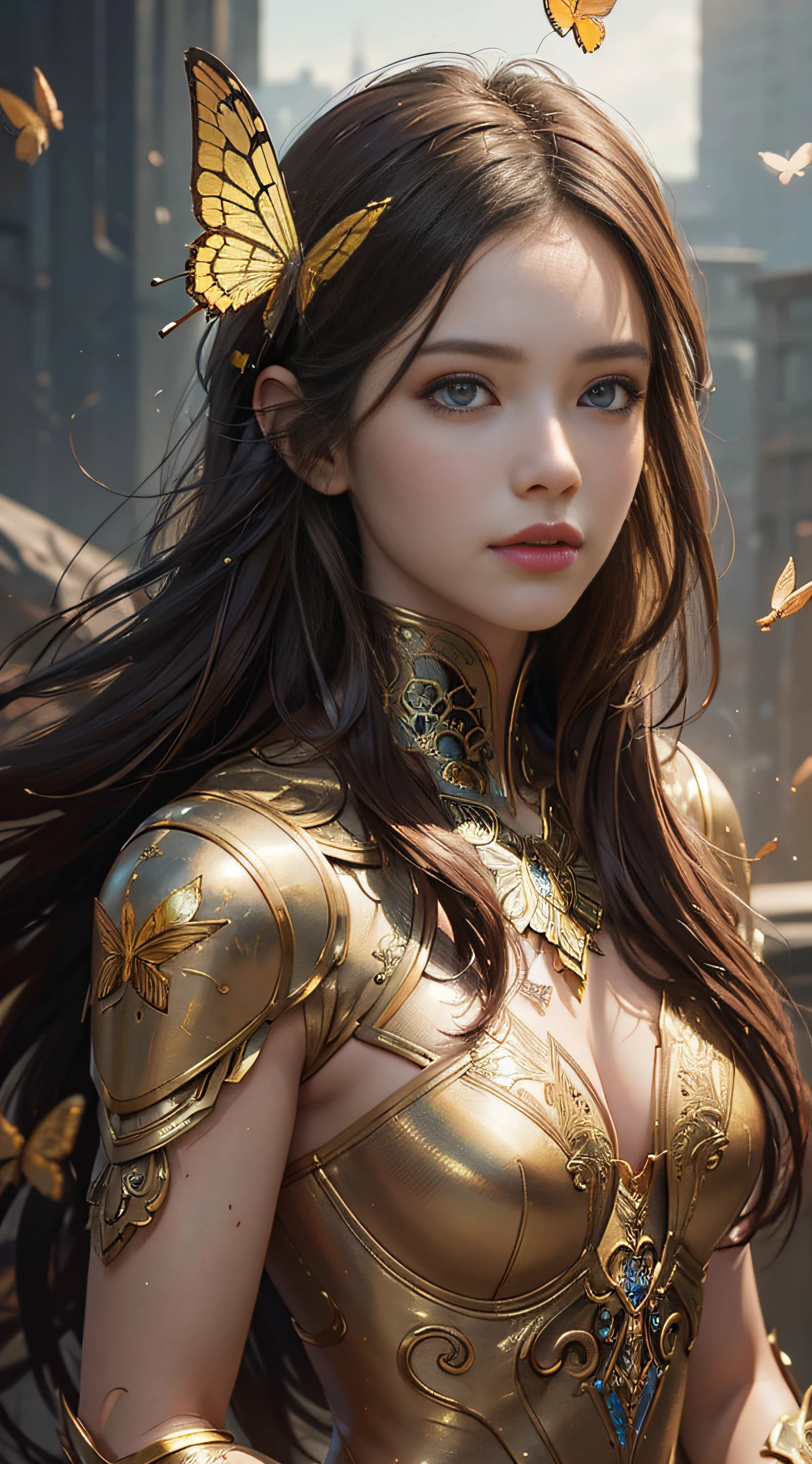 8k portrait of beautiful cyborg with brown hair, intricate, elegant, highly detailed, majestic, digital photography, art by artgerm and ruan jia and greg rutkowski surreal painting gold butterfly filigree, broken glass, (masterpiece, sidelighting, finely detailed beautiful eyes: 1.2), hdr,