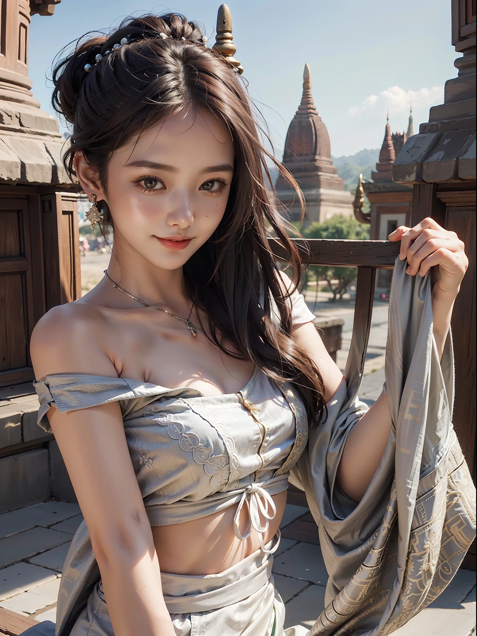 1girl, offshoulder, smile, cute, waist up
best quality, masterpiece, (photorealistic:1.4), pagodas background, Bagan, Myanmar