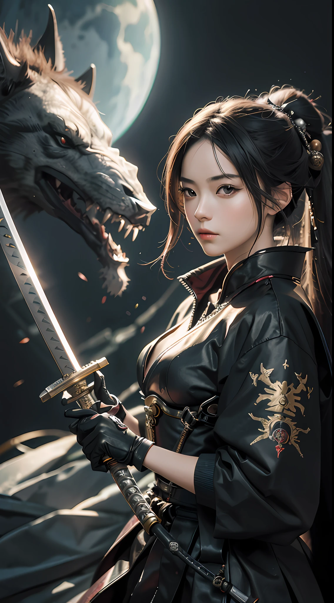 Masterpiece, superlative, 8k wallpaper, a woman holding a katana, surreal, mechanical samurai style.