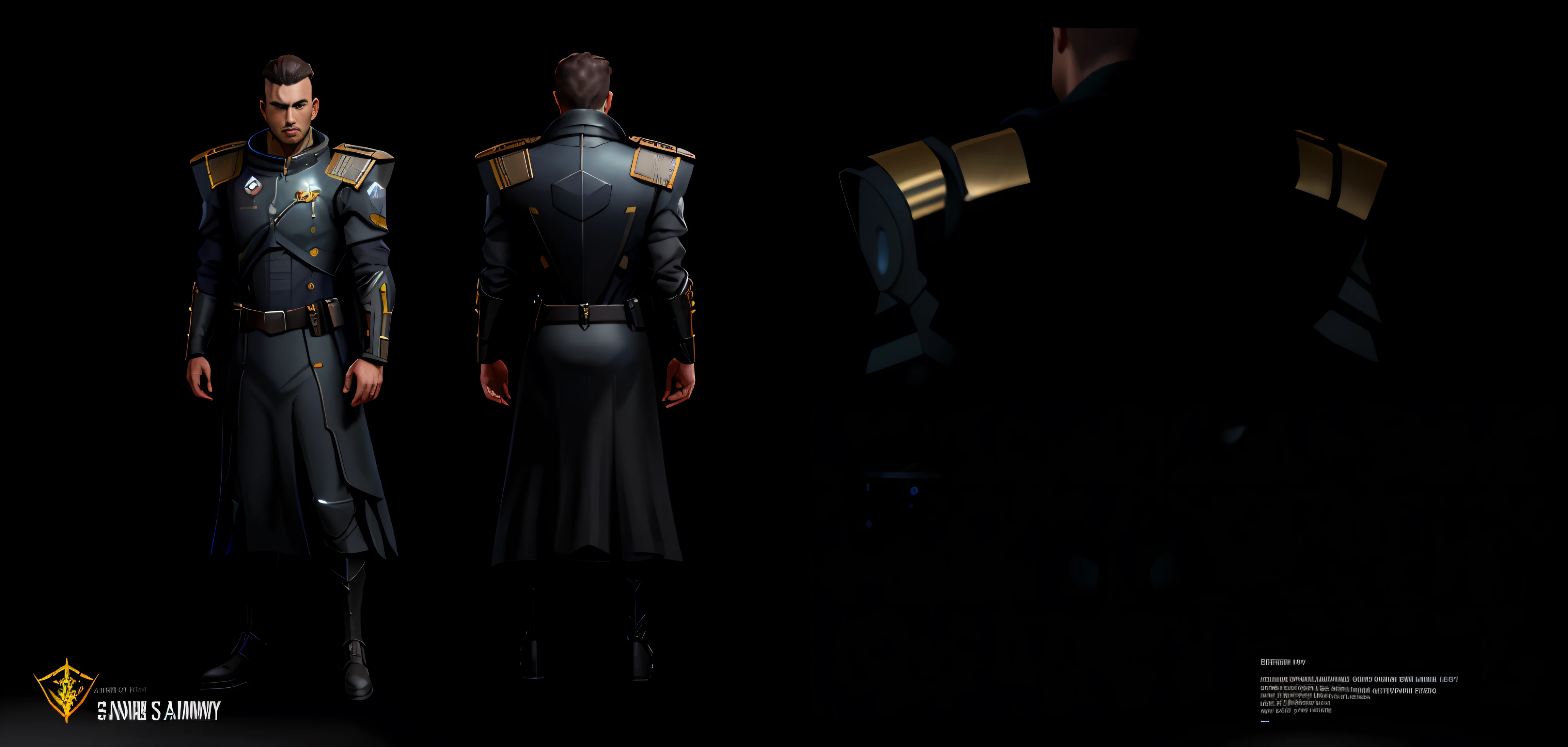 Science fiction movie, best production, 3d rendering, close-up of a man in space army sci-fi uniform, with sword, gilded black uniform, expert high detail concept art, black armored uniform, detailed full body concept art, new costume concept design, avant-garde uniform, high detail concept art, costume design, detailed full body concept, clear costume design, masterpiece concept art, riot game concept art, concept spacesuit, 8 k character concept art