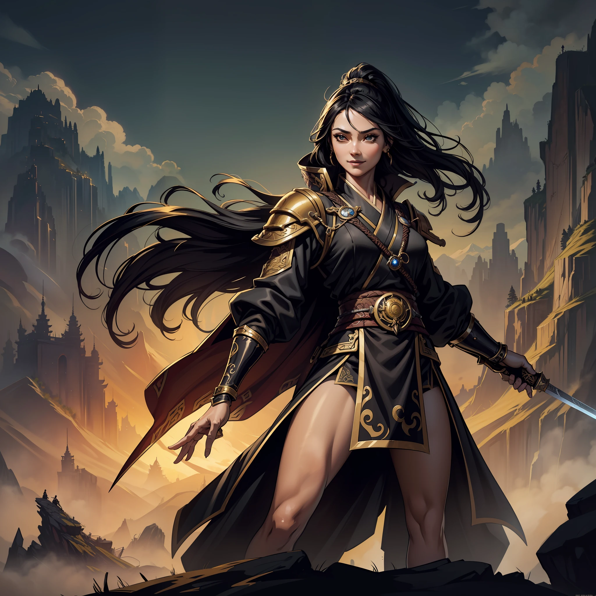 (extremely detailed 8k wallpaper:1.2), (best quality:1.2), (adventure and fantasy theme), profile (Paizo Pathfinder RPG character and Dungeons & Dragons), (((human race woman))), young, beautiful, sharp focus, (subsurface scattering:1.1), award-winning photography, ((Ladine Class:1.3)), ((half-body shot:1.1)), centered face, long black hair, black eyes:1.2, Chinese, smiling, wearing antique black and gold Chinese rogue clothes, Duel sword in hand, (standing on oriental background landscape:1.3), (very detailed background:1.2),dramatic lighting, SFW