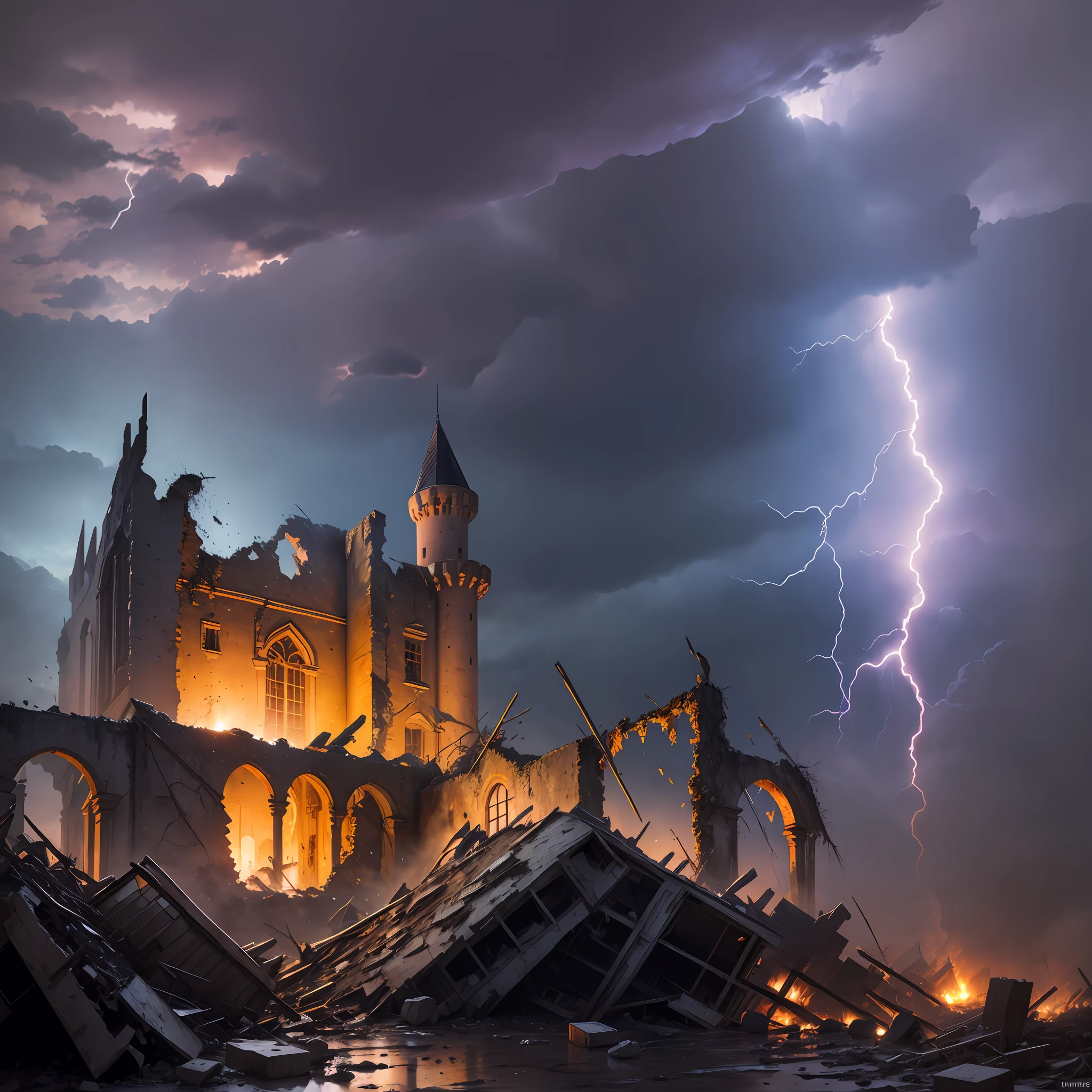 Castle in ruins, catching fire, rubble, scene of destruction, Dusk, Upper-Atmospheric Lightning, Rain, inside the castle