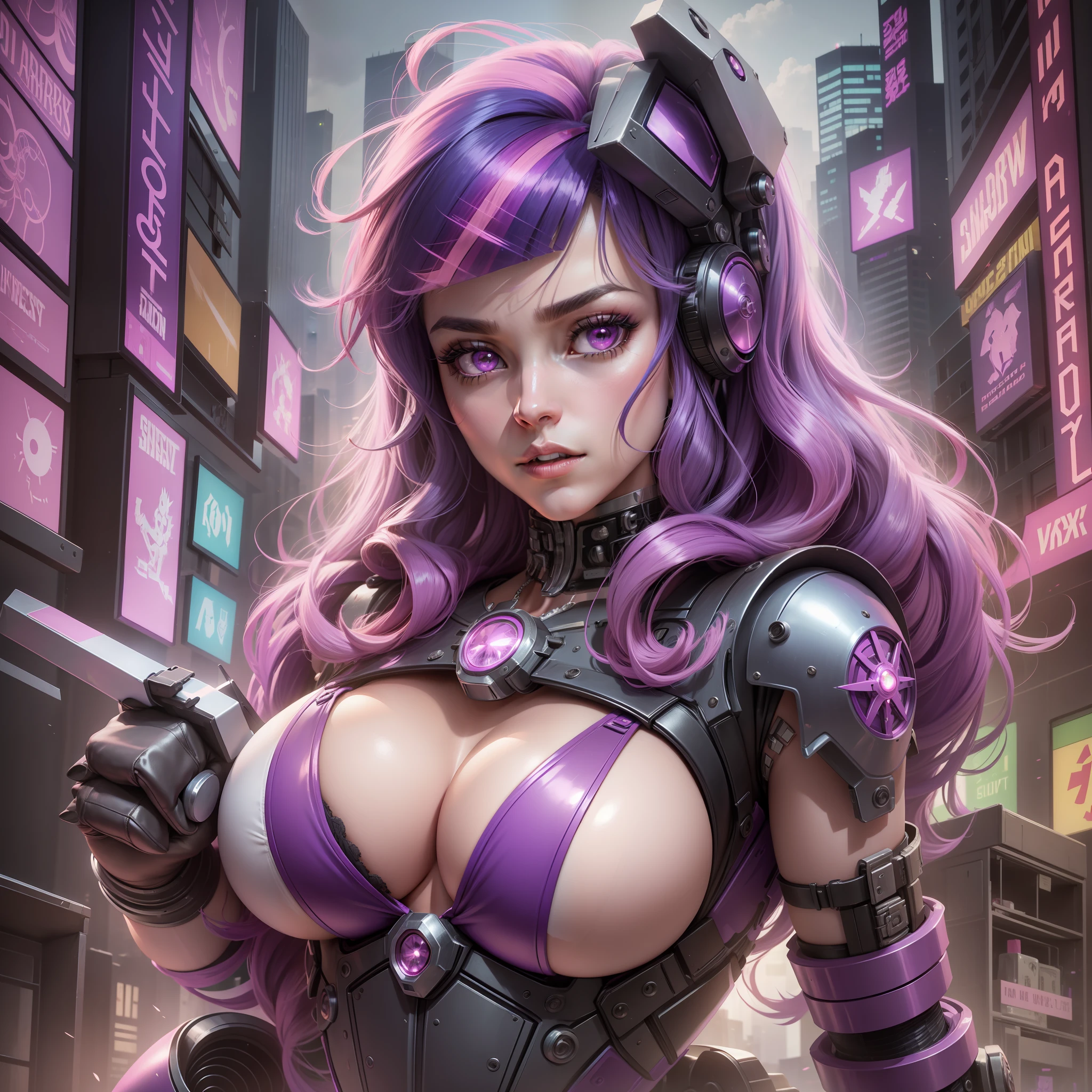 Twilight Sparkle, Twilight Sparkle from my little pony, Twilight Sparkle in the form of a robot girl, robot, cyborg, consists of mechanisms and metal, or robot, lush hair, luxurious hair, pink hair, ???????????, voluminous ???????, bulging ???????, firm ???????, closed ???????, women's pink boots, in the metropolis, cyberpunk, future, purple latex