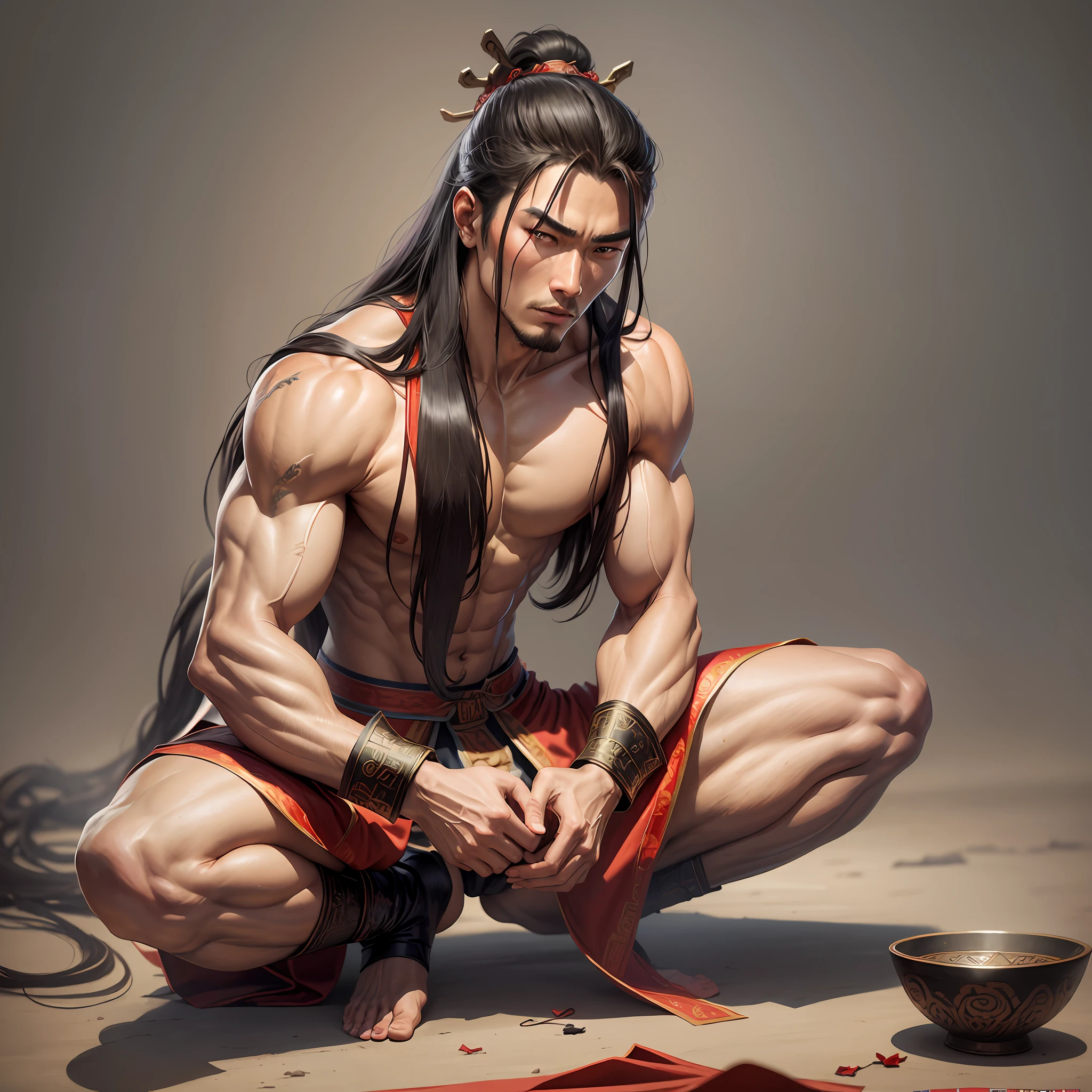 Realistic,Hot muscular Male concubine in the Han dynasty on his knees with legs spread apart, wearing ancient revealing Chinese dress with long hair and masculine features.Battle scars,Very y,