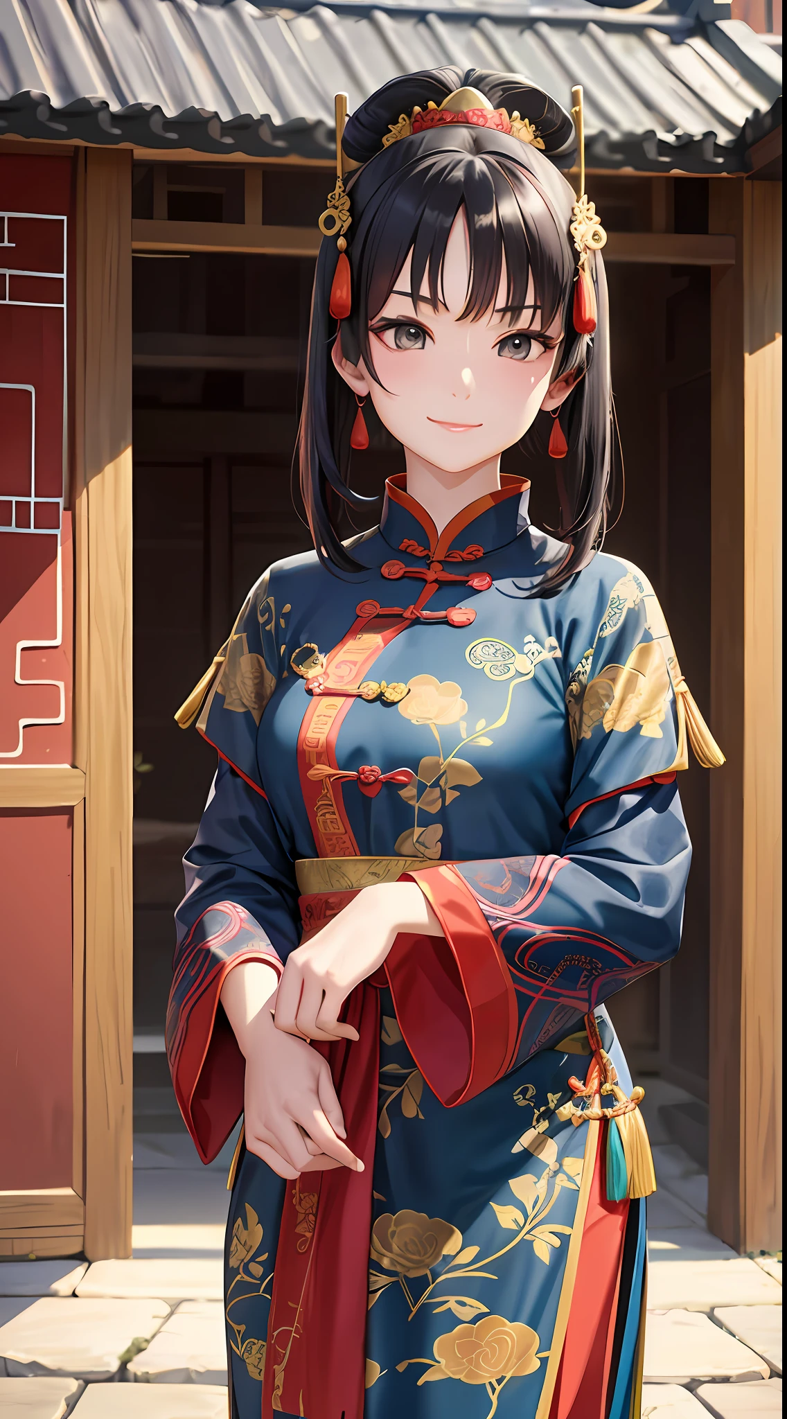 Ancient Chinese young woman, snarky image, standing in the courtyard, with a bad smile on her face,