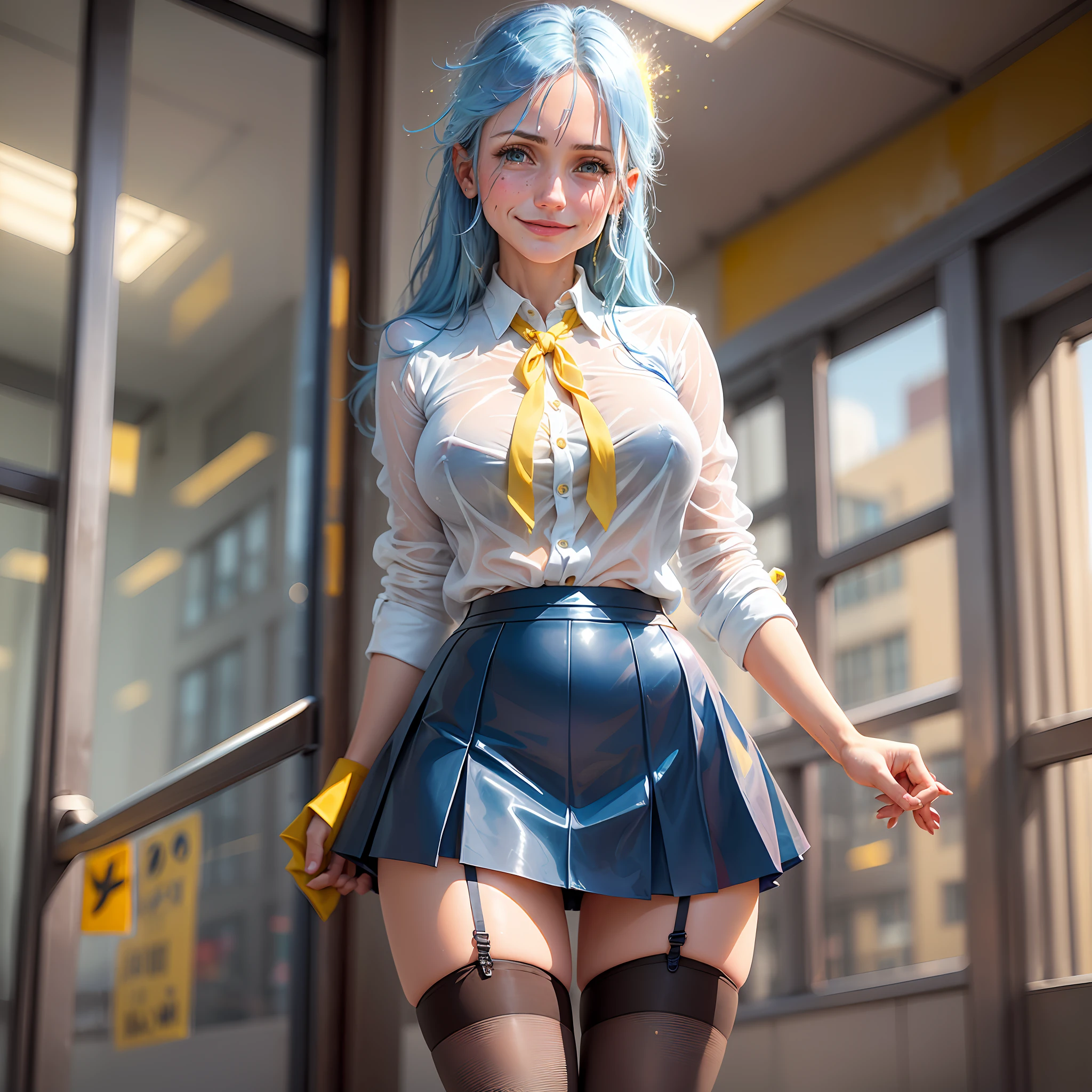 AGMM, 1girl, (Cameron Diaz, blue hair, Yellow_Skin, Colored_Skin:1.2), wearing wet see-through school uniform, large breasts, reveal, covered, skirt, thighhighs. inside building, classroom, sunbeams, bokeh, sparkles, evening, smile, sexy smile, --auto --s2