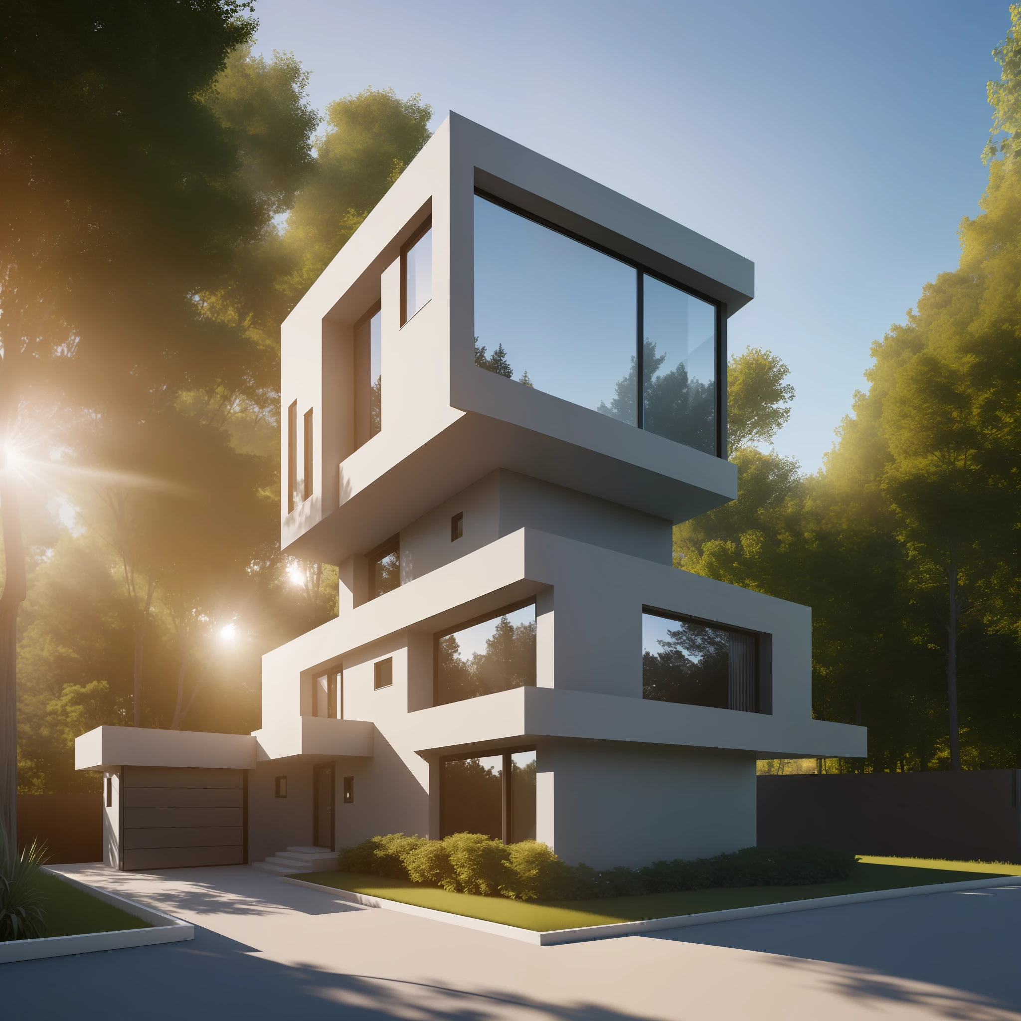 (a tiny and mysterious modern house located uphill), ((masterpiece)), ((best quality)), highly detailed, ultra-realistic, 8k CG wallpaper, ((dramatic angle)), ((sunlight and shadows)) at the right places, ((subtle and natural color grading)),((minimalist design)), ((subtle atmospheric effects)), ((subtle human presence))
