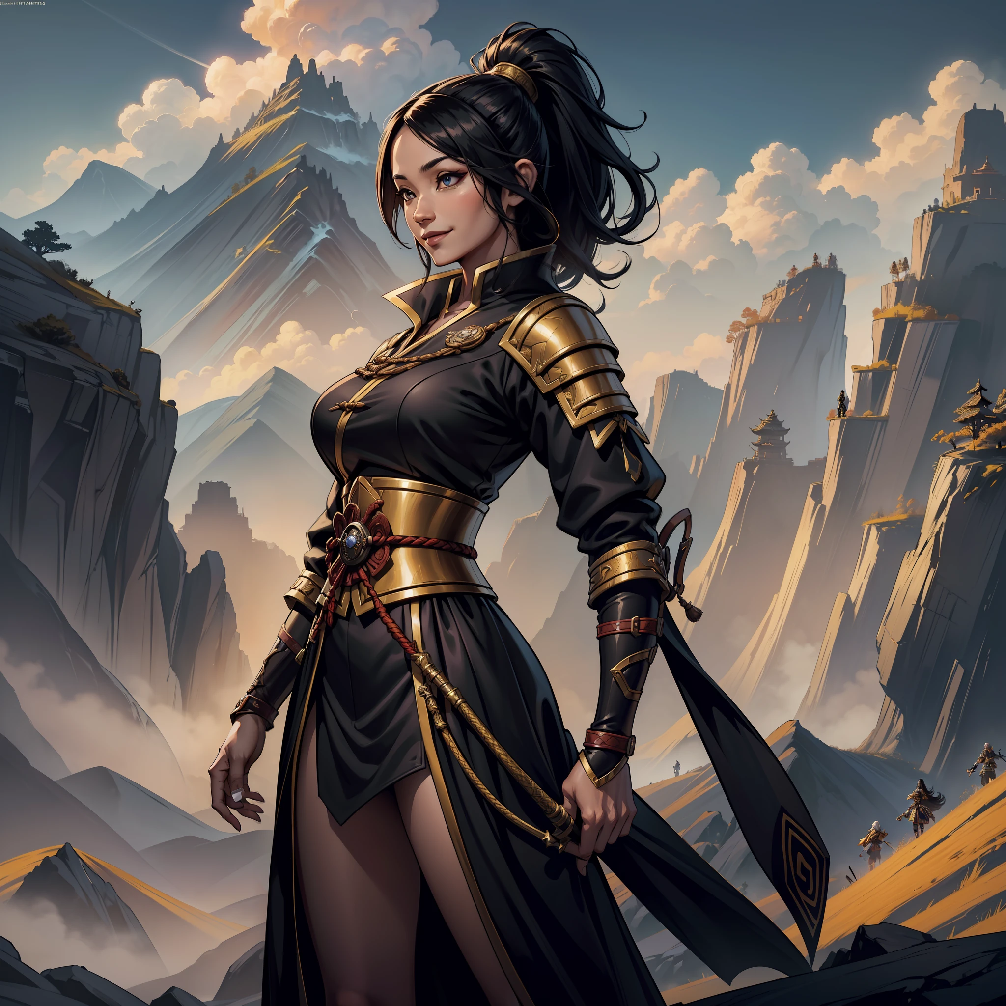 (extremely detailed 8k wallpaper:1.2), (best quality:1.2), (adventure and fantasy theme), profile (Paizo Pathfinder RPG character and Dungeons & Dragons), (((human race woman))), young, beautiful, sharp focus, (subsurface tering:1.1), award-winning photography, ((Ladina Class:1.3)), ((half-body shot:1.1)), centered face, long black hair, black eyes:1.2, Chinese eyes:1.3, Chinese, smiling, Wearing black and gold Chinese rogue clothes, dueling sword in hand, (standing on oriental background landscape:1.3), (very detailed background:1.2),dramatic lighting, SFW