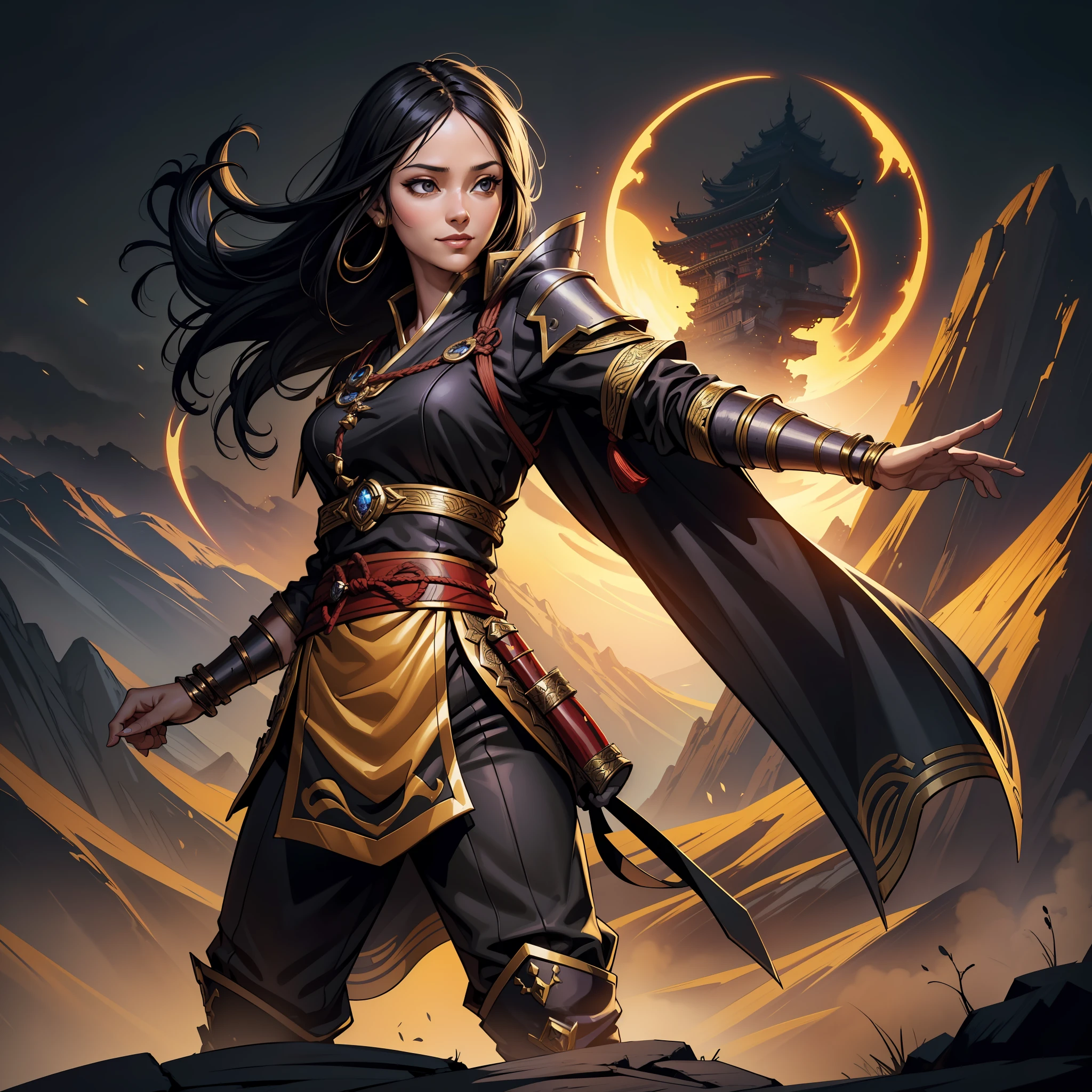(extremely detailed 8k wallpaper:1.2), (best quality:1.2), (adventure and fantasy theme), profile (Paizo Pathfinder RPG character and Dungeons & Dragons), (((human race woman))), young, beautiful, sharp focus, (subsurface scattering:1.1), award-winning photography, ((Ladina Class:1.3)), ((half-body shot:1.1)), centered face, long black hair, black eyes:1.2, Chinese eyes:1.3, Chinese, smiling, Wearing black and gold Chinese rogue clothes, dueling sword in hand, (standing on oriental background landscape:1.3), (very detailed background:1.2),dramatic lighting, SFW