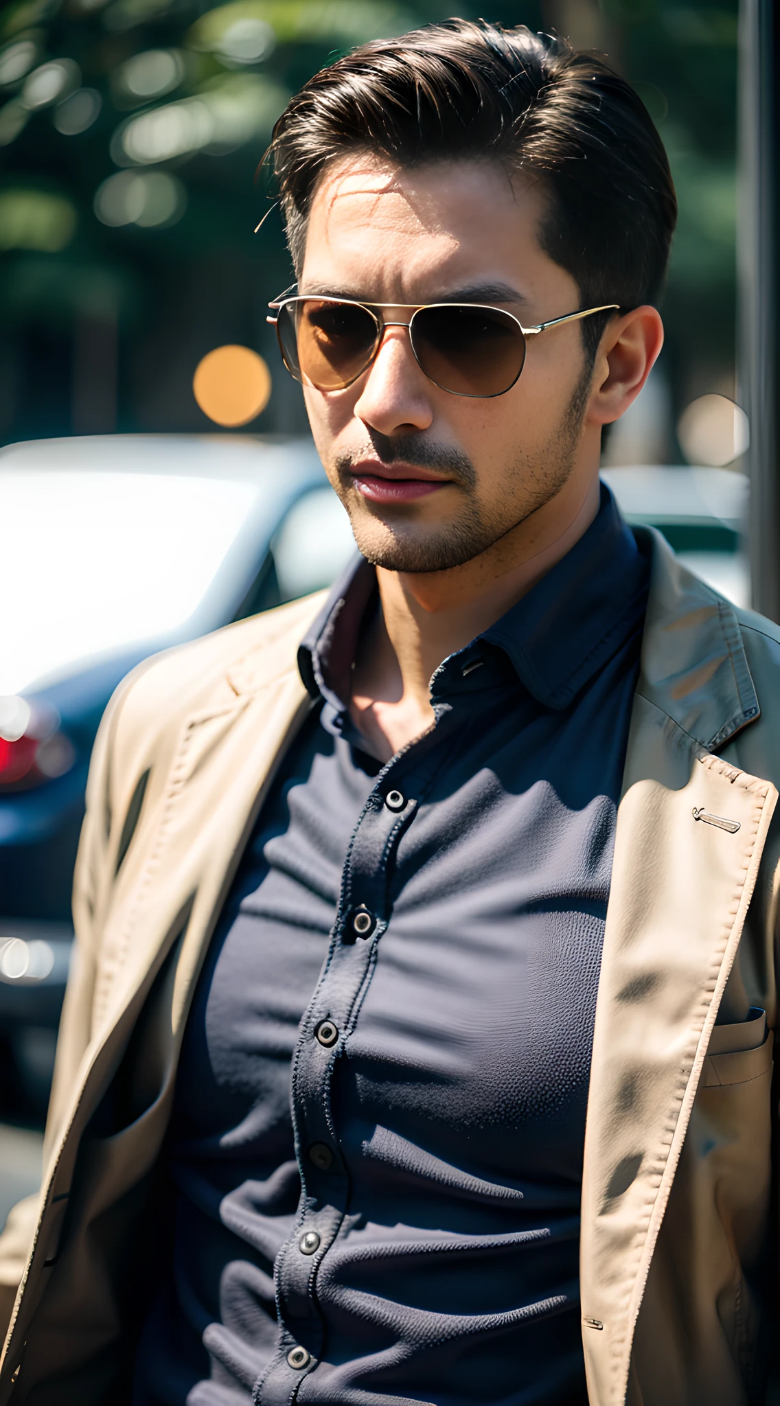 (one), (man) good-looking muscular man in his 30's, wear blue sunglasses, (high detail: 1 1), natural skin, high quality, beautiful eyes, (detailed face and eyes), (face: 1 2), noise, real photo, PSD, sharp focus, high resolution 8K, realistic and professional photo, 8K UHD, soft lighting, high quality, Film Grain, Fujifilm XT3